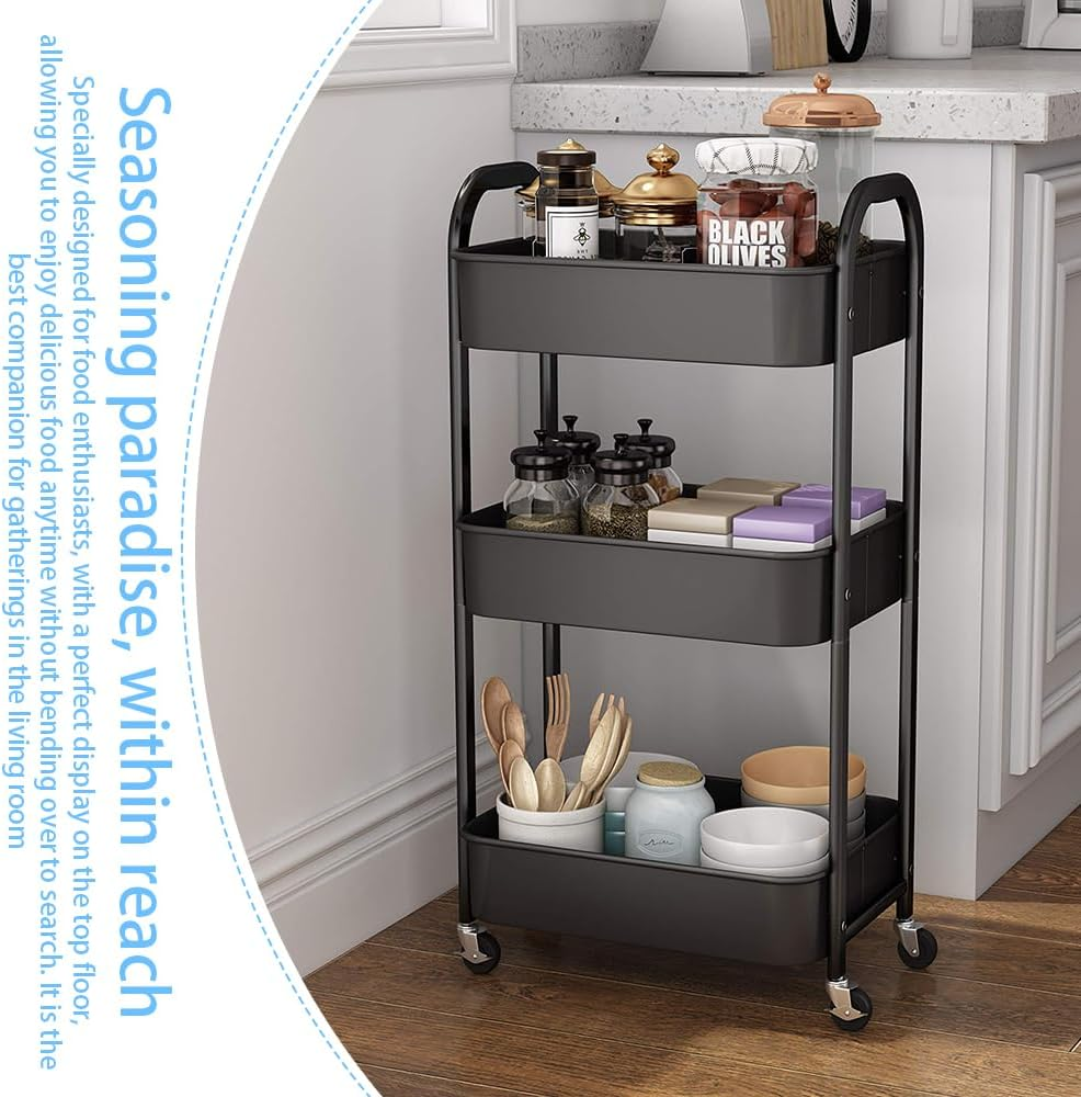 Storage Rolling Cart, 3-Tier Snack Organiser Trolley, Rolling Shelf with Wheels & Hooks,Movable Storage Organizer for Home Kitchen Organization (Black image number 3