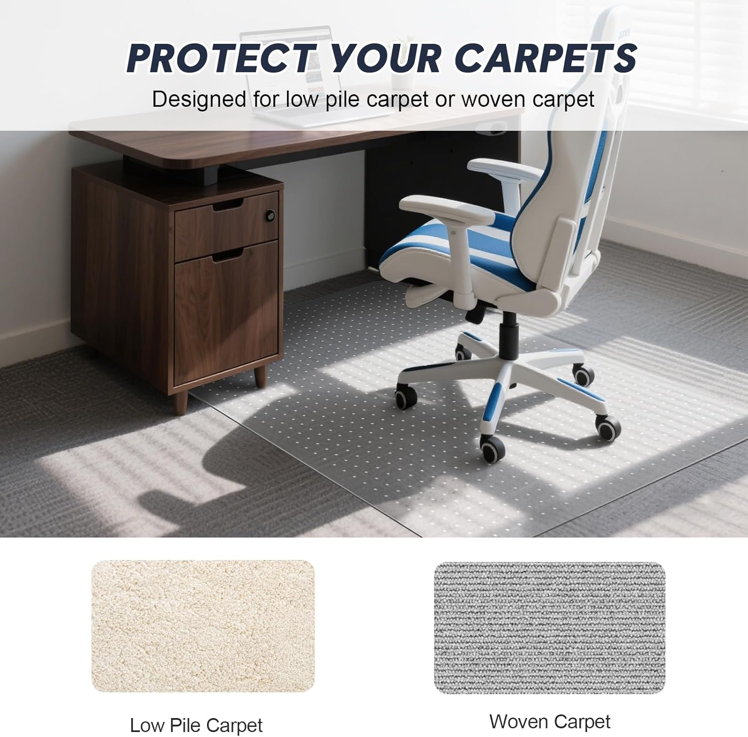 Office Chair Mat for Carpet with Grip, Computer Desk Chair Mat for Low Carpeted Floors, Super Durability PVC Carpet Protector Mat for Easy Rolling, 2Mm Extra Thick Chair Mats, Rectangle, 120X90Cm image number 5