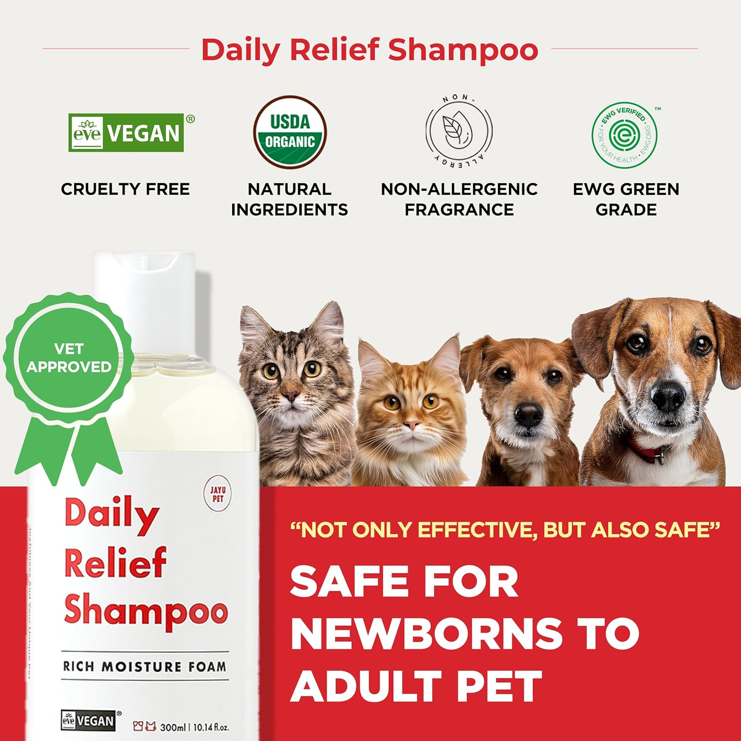 JAYU PET Daily Relief Shampoo - Vet Approved for Itchy Sensitive Skin, Natural Ingredients for Allergies. Moisturizing, Deodorizes Smelly Dogs, Best Odor Eliminating Dog Shampoo (300Ml/10.1Oz) image number 6