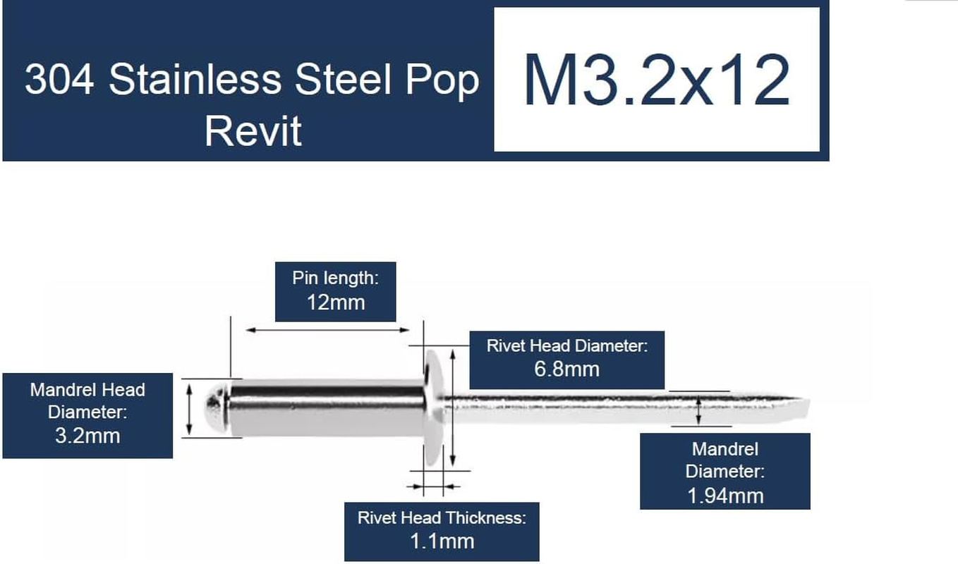 POP Rivets Set, M2.4/M3.2/M4/M4.8 Sizes, Blind Rivets for Multiple Applications (Stainless Steel, M3.2X12 (50Pcs)) image number 1