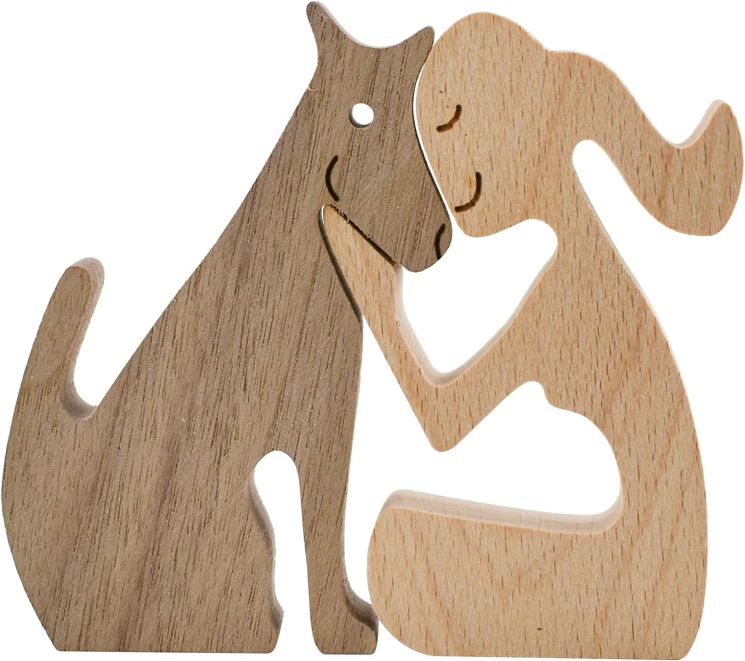 Enkrio Wooden Dog Figurines Dog Statue Wooden Sculptures Handmade Accents Crafts Wooden Carving Dog for Home Decor (Woman Kiss Dog)