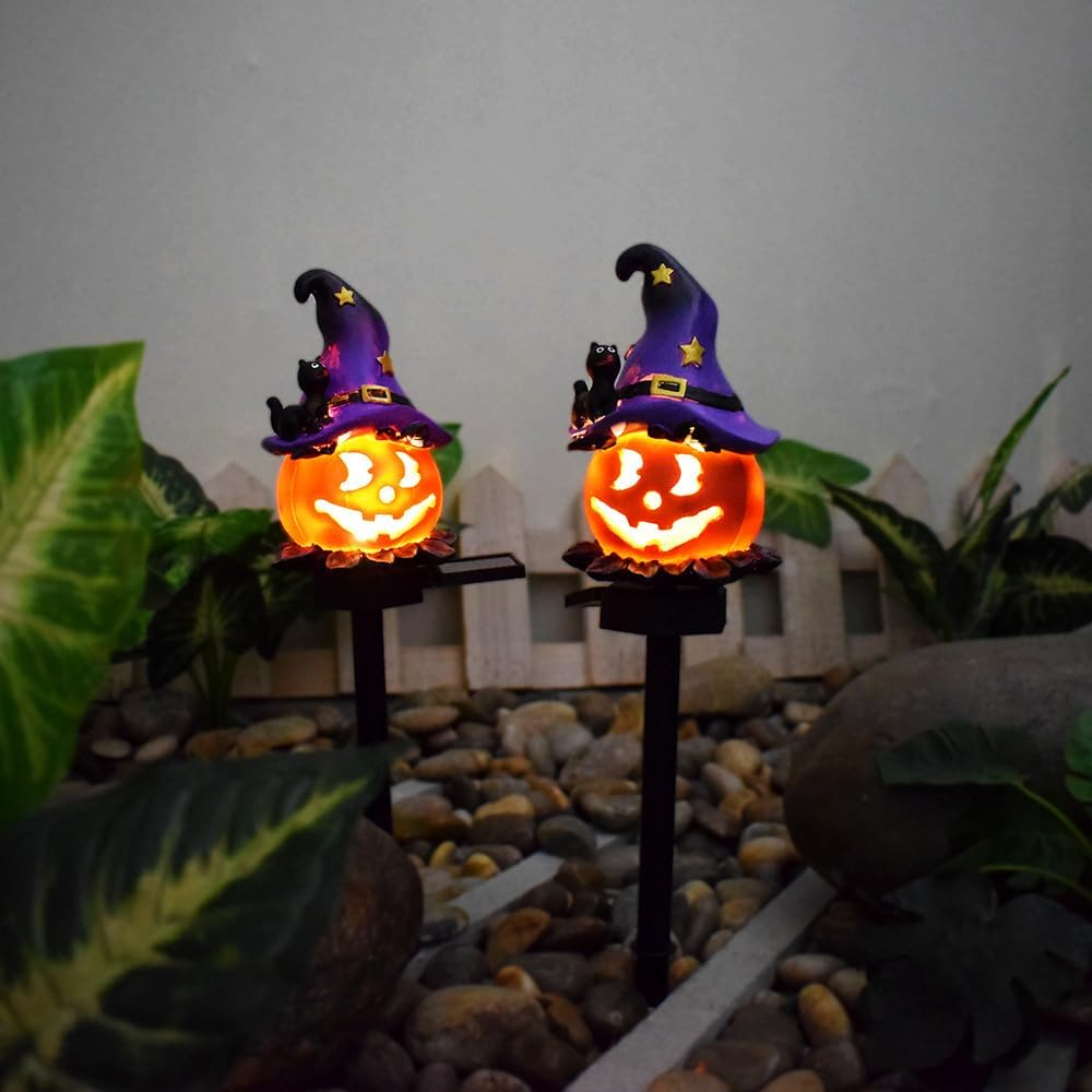 YZYOE LED Solar Wizard Pumpkin Floor Light, Halloween Outdoor Atmosphere Decoration Lamp, Cute Black Hat Pumpkin Courtyard Warm Lights image number 1