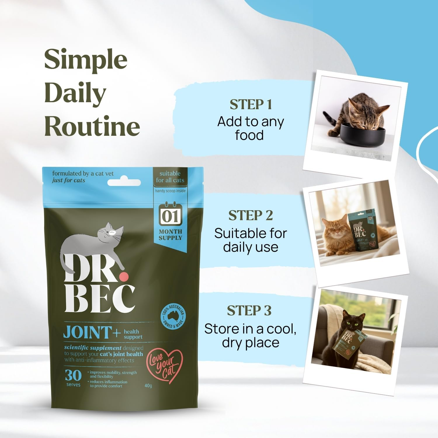 Dr. Bec Joint+ Cat Joint Supplement for Mobility & Comfort, Vet-Made Green Lipped Mussel Omega-3 & Collagen Blend, Australian Made image number 2