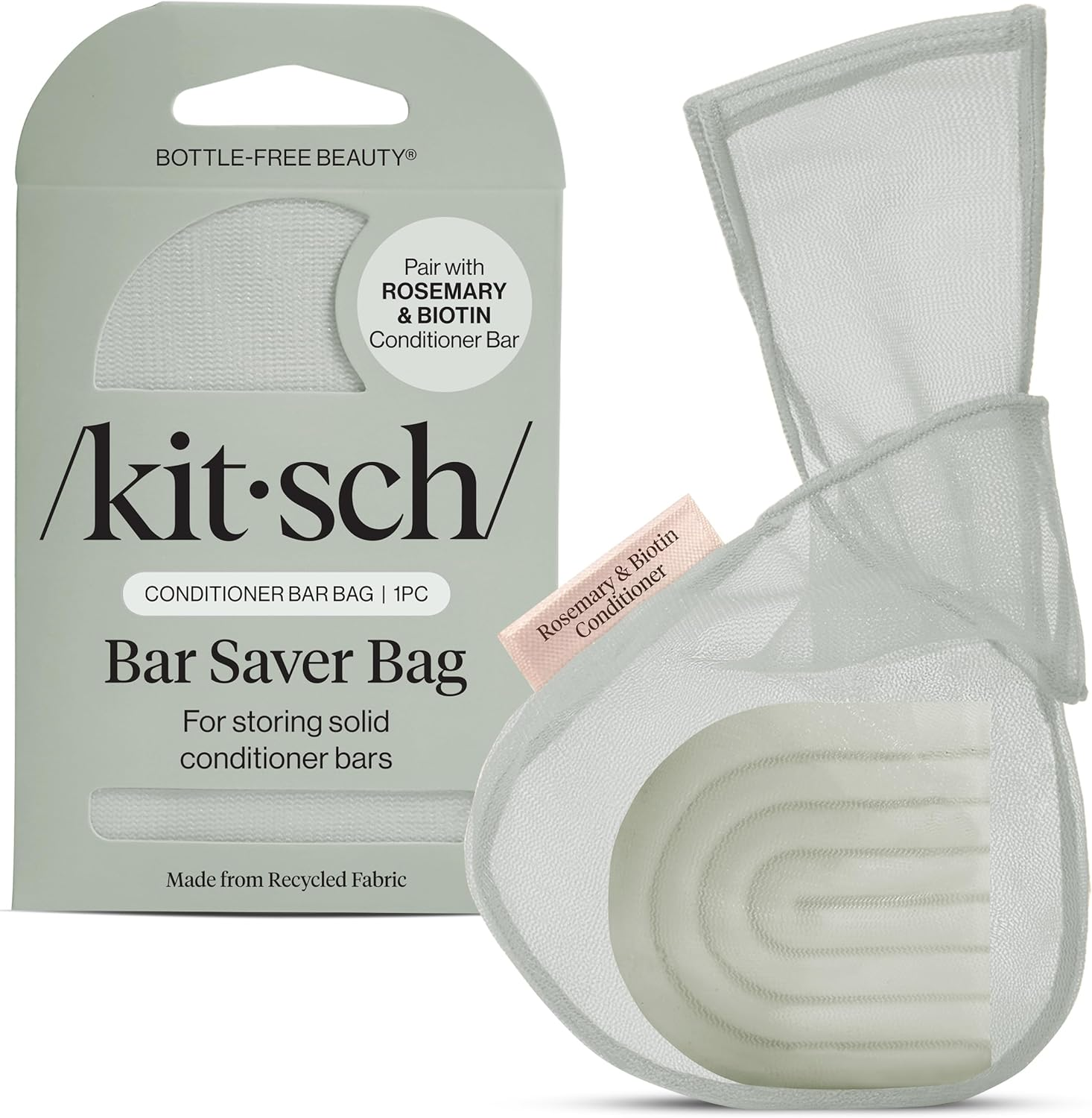 Kitsch Bar Soap Saver Bag - Patented Mesh Bag Soap Holder for Rosemary & Biotin Conditioner Bar with Tag Identifier - Extends Use & Prevents Soggy Mess - Recycled Mesh Beauty Pouch, Eco-Friendly
