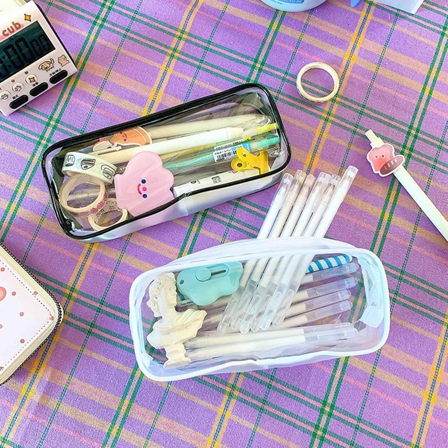 Juxiamal 2Pcs Clear Cases with Zipper, Multi-Use Travel Makeup Brush Bags Toiletries Exam Pouch Case Travel Luggage Make up Cosmetic Bag (Black and White), Black and White