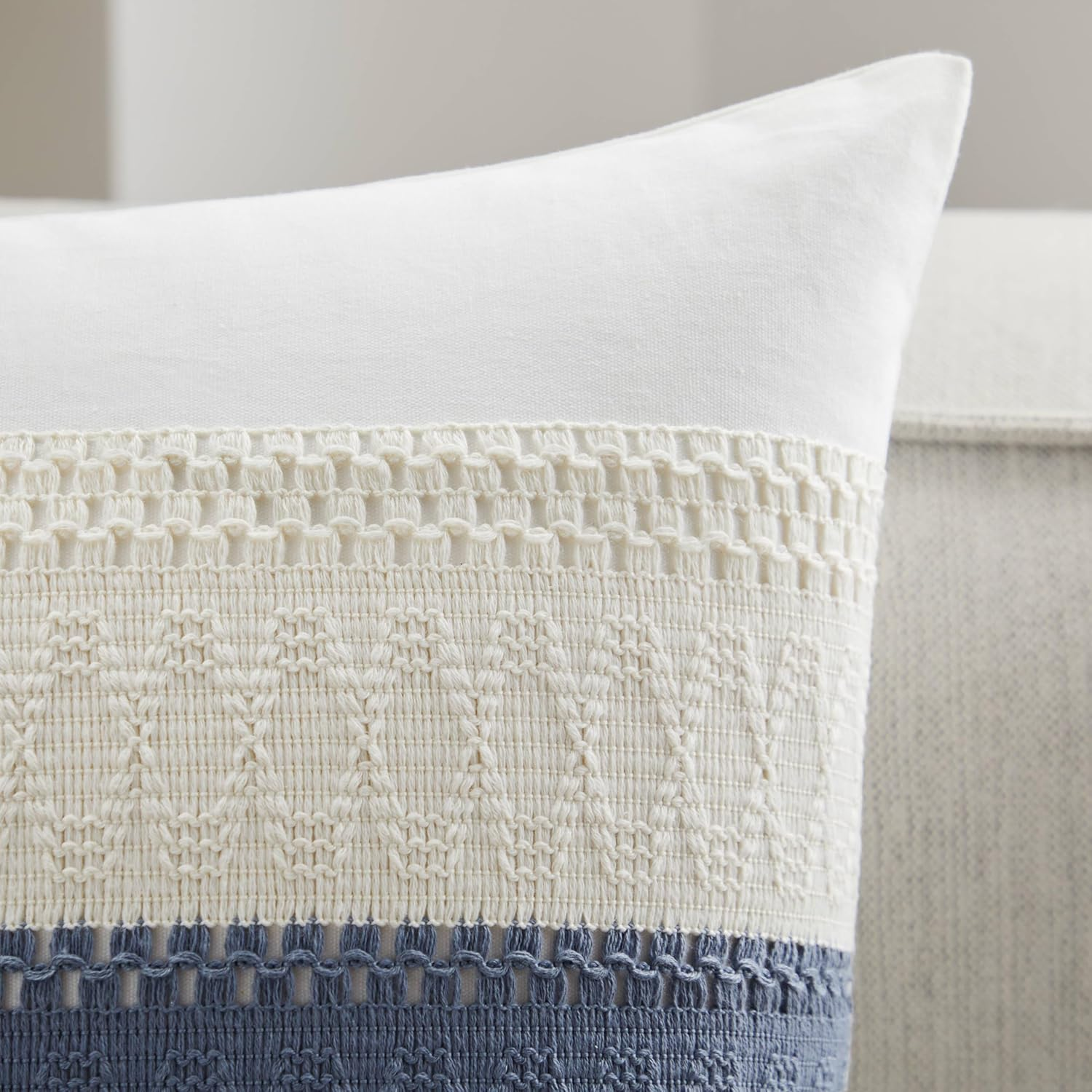 YZJZEDS Soft Cotton Boho Throw Pillow Covers Set of 2, Natural White/Contrast Blue 20X20 Inch, Blue Farmhouse Decorative Cushion Covers for Sofa Bed Living Room Home Decor image number 2