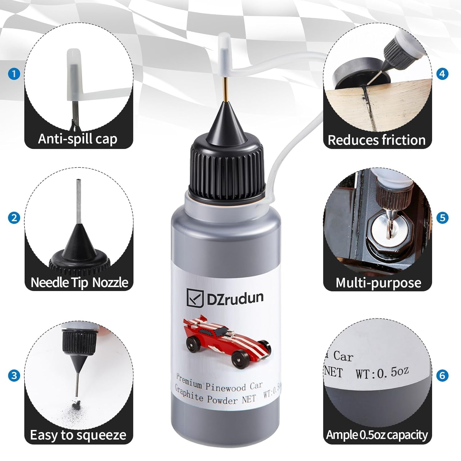Graphite Powder 0.5OZ for Pinewood Car，Pro Racing Lubricant, Easy-Pour Spout & No-Mess Formula for Competition Cars,Powder Can Be Used on All Kinds of Doors and Locks-Safe for Wood & Metal Parts image number 5