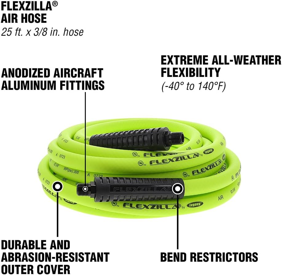 Flexzilla Air Hose, 3/8 In. X 25 Ft, 1/4 In. MNPT Fittings, Heavy Duty, Lightweight, Hybrid, Zillagreen - HFZ3825YW2 image number 3
