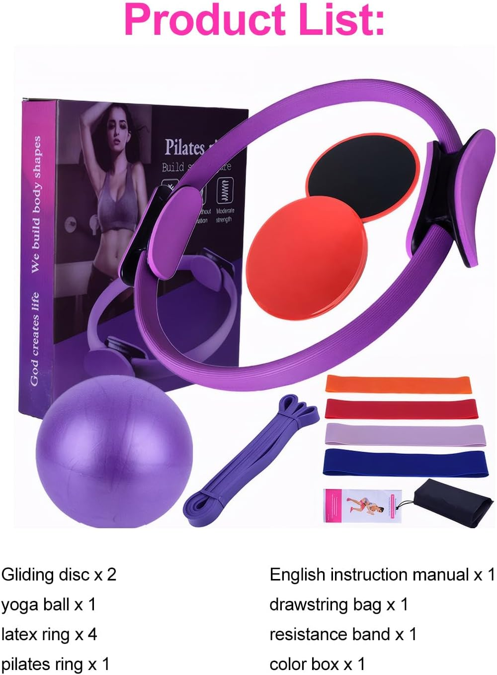 HOOMFIT Pilates Set,Portable Pilates Equipment,Home Fitness Kit,Yoga Sets for Core Training, Yoga and Hip Shaping（With Pilates Circle, Yoga Ball, Glide Plate, Etc. ） - Purple image number 6