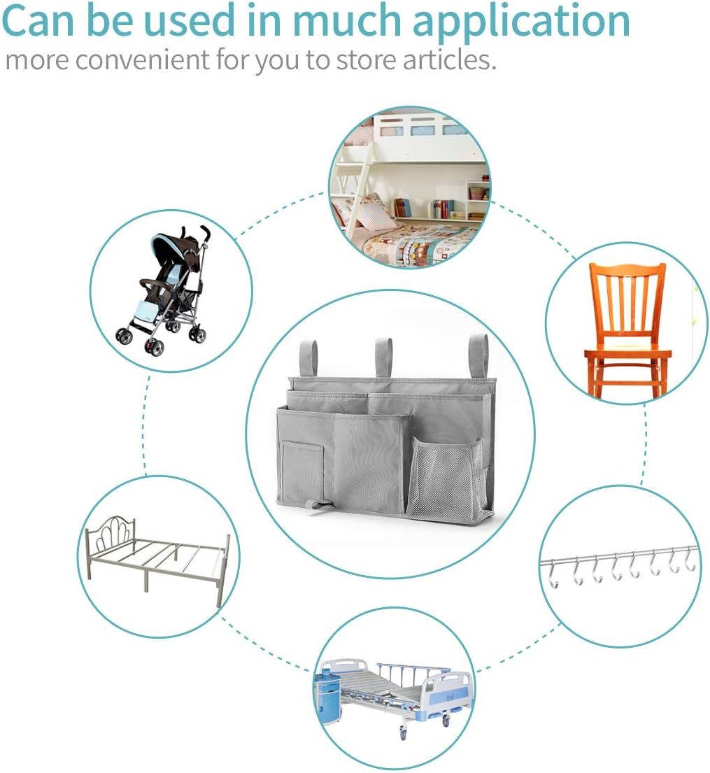 Bseash Caddy Hanging Organizer Bedside Storage Bag for Bunk and Hospital Beds 600D Oxford Cloth Dorm Rooms Bed Rails 8 Pockets (Grey) - Black image number 3