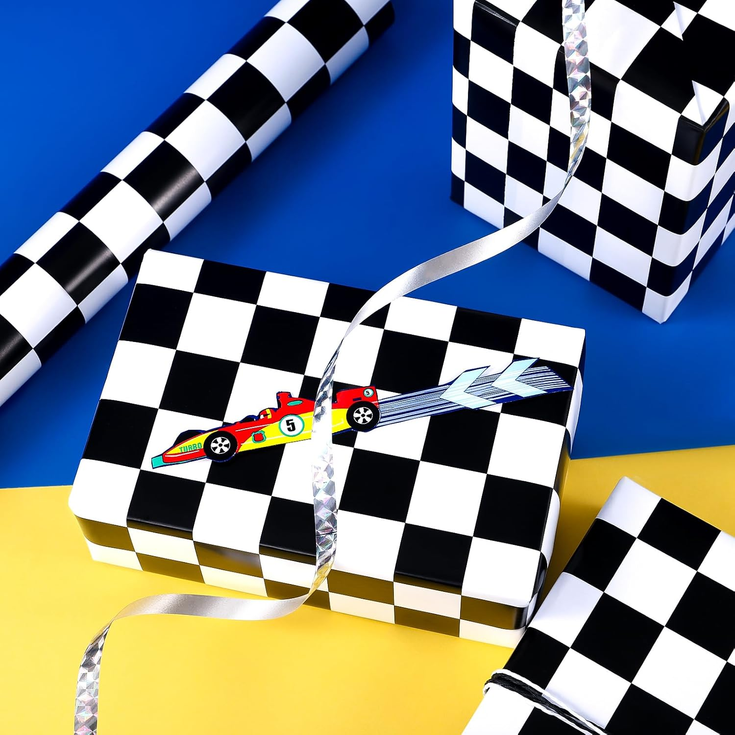 WRAPAHOLIC Checkered Flag Wrapping Paper Roll - 17 Inch X 16.5 Feet - Race Car Wrapping Paper for Kids Birthday, Girls Boys Birthday, Baby Shower image number 1