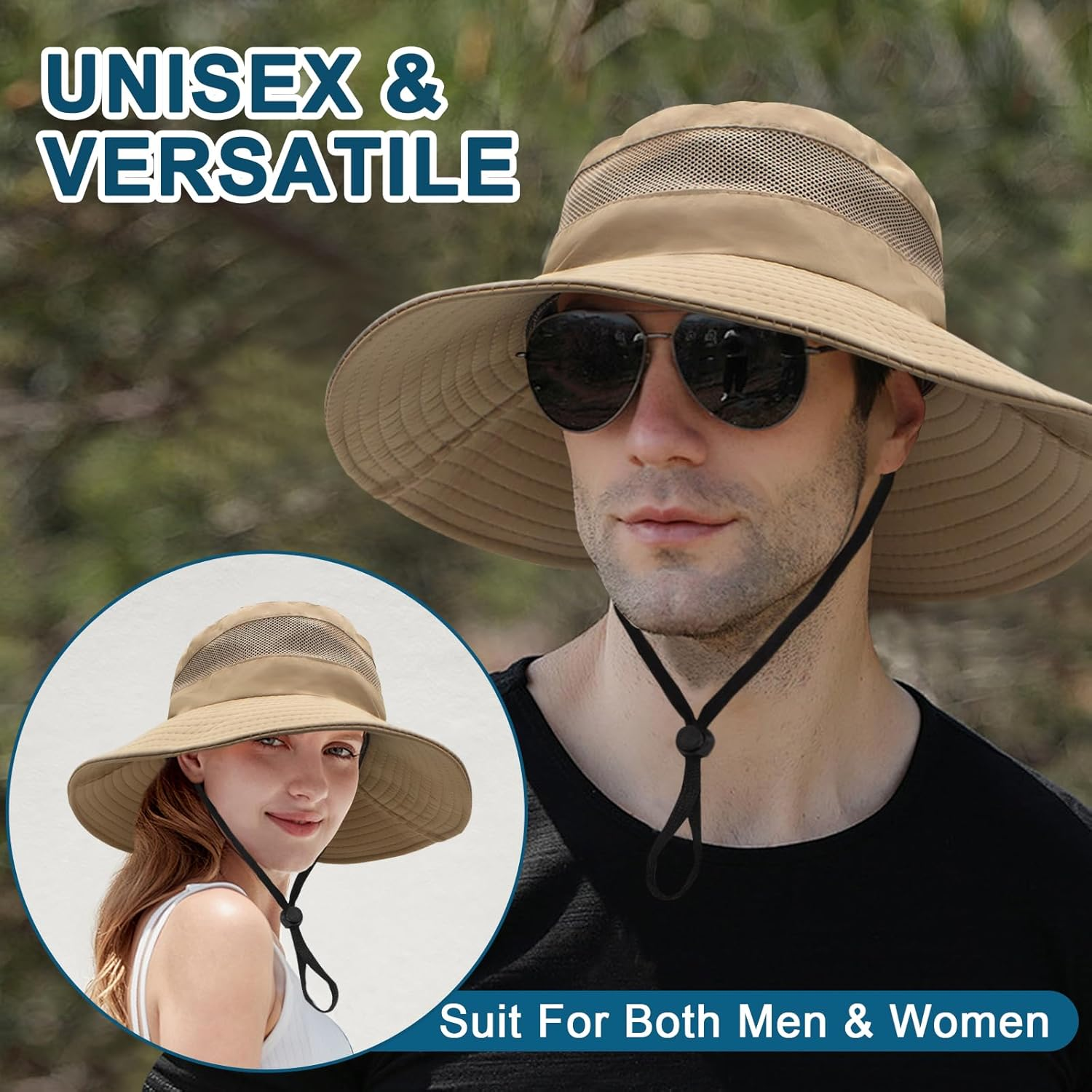 LJCZKA Wide Brim Sun Hat for Men Women,Unisex Waterproof Packable Bucket Hat with Chin Strap,Breathable Mesh Bucket Hat with Criss Cross Ponytail Hole