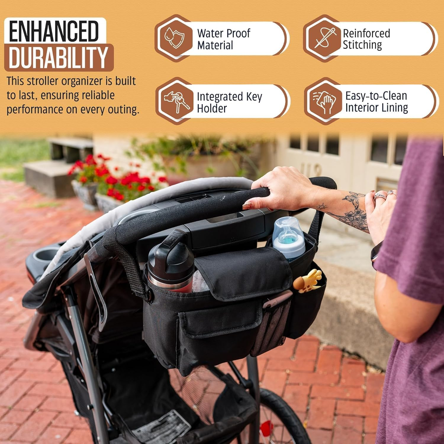 Universal Stroller Organizer with Cup Holder, Large Capacity Stroller Caddy, Non-Slip Secure Hooks Accessories(Black) image number 3