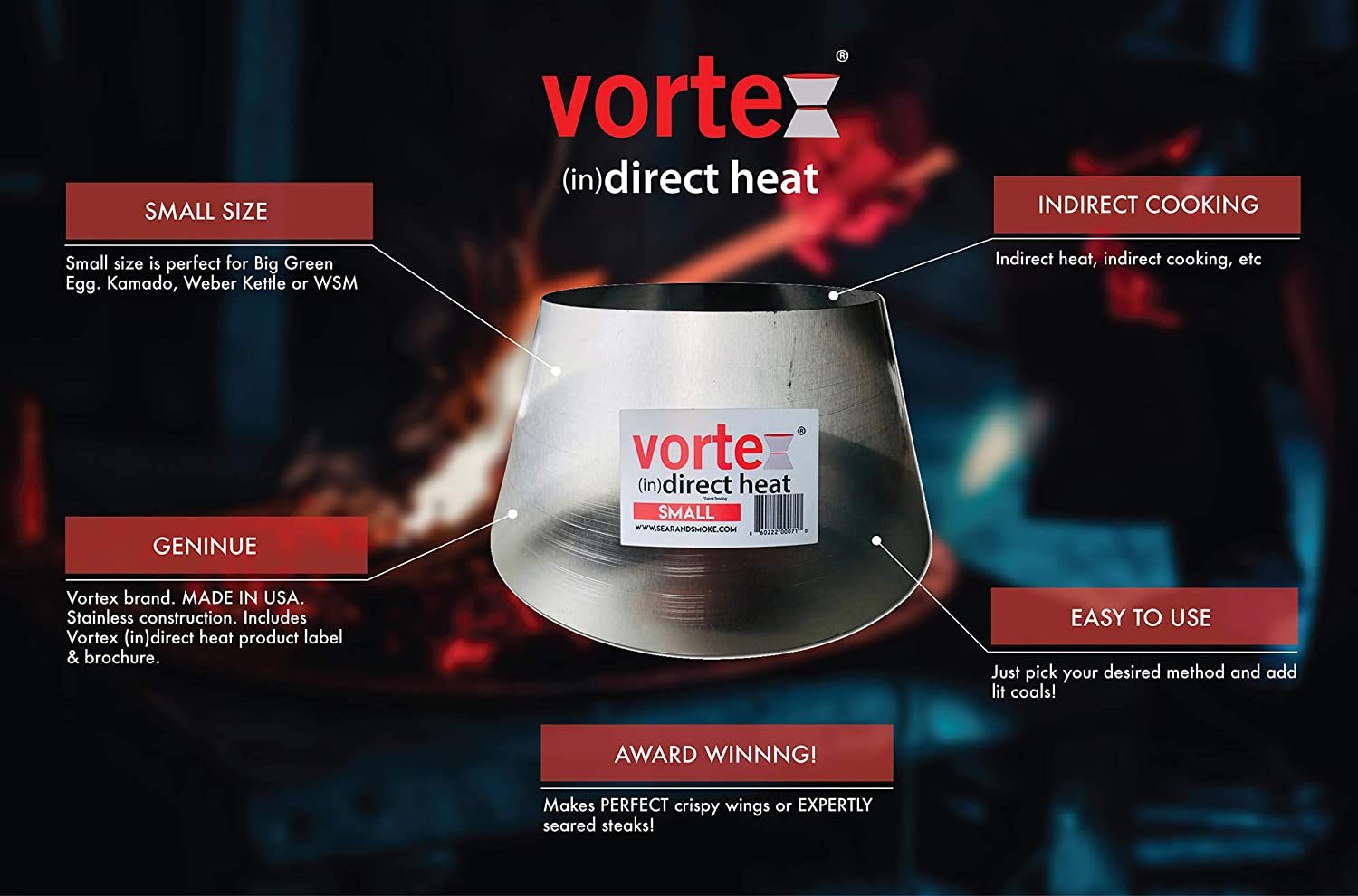 VORTEX (IN) DIRECT HEAT Vortex Small (In) Direct Cooking Charcoal Grill Bbq Accessory Cone 18.5 22.5 Weber Smokey Mountain Wsm Small - Stainless - Usa Made - Sm Size