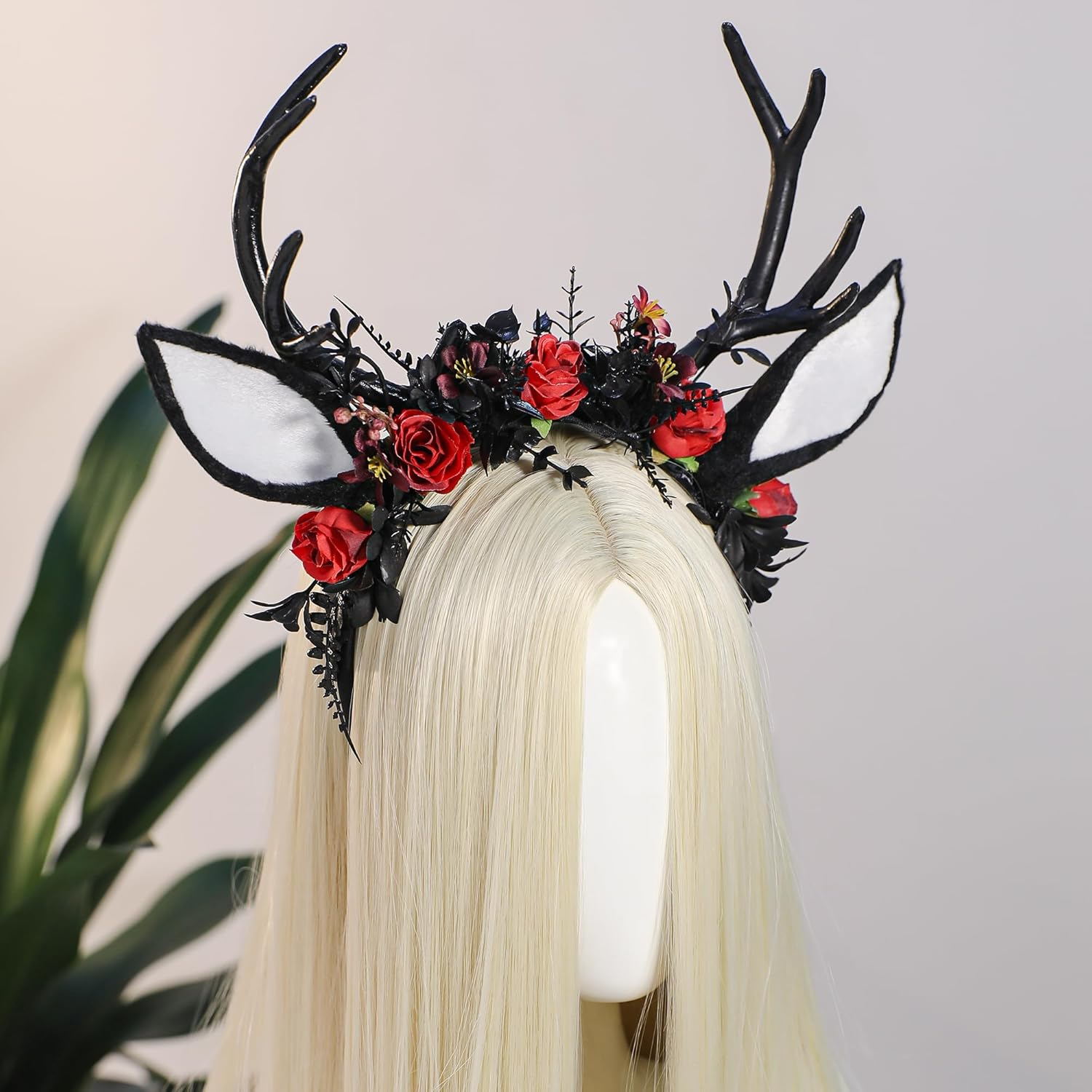 MOSTORY Black Flower Antler Headband - Dark Floral Decorated Antler Headband with Deer Ears, Gothic Reindeer Headpiece for Renaissance Renfaire Outfit, Halloween Deer Cosplay image number 3