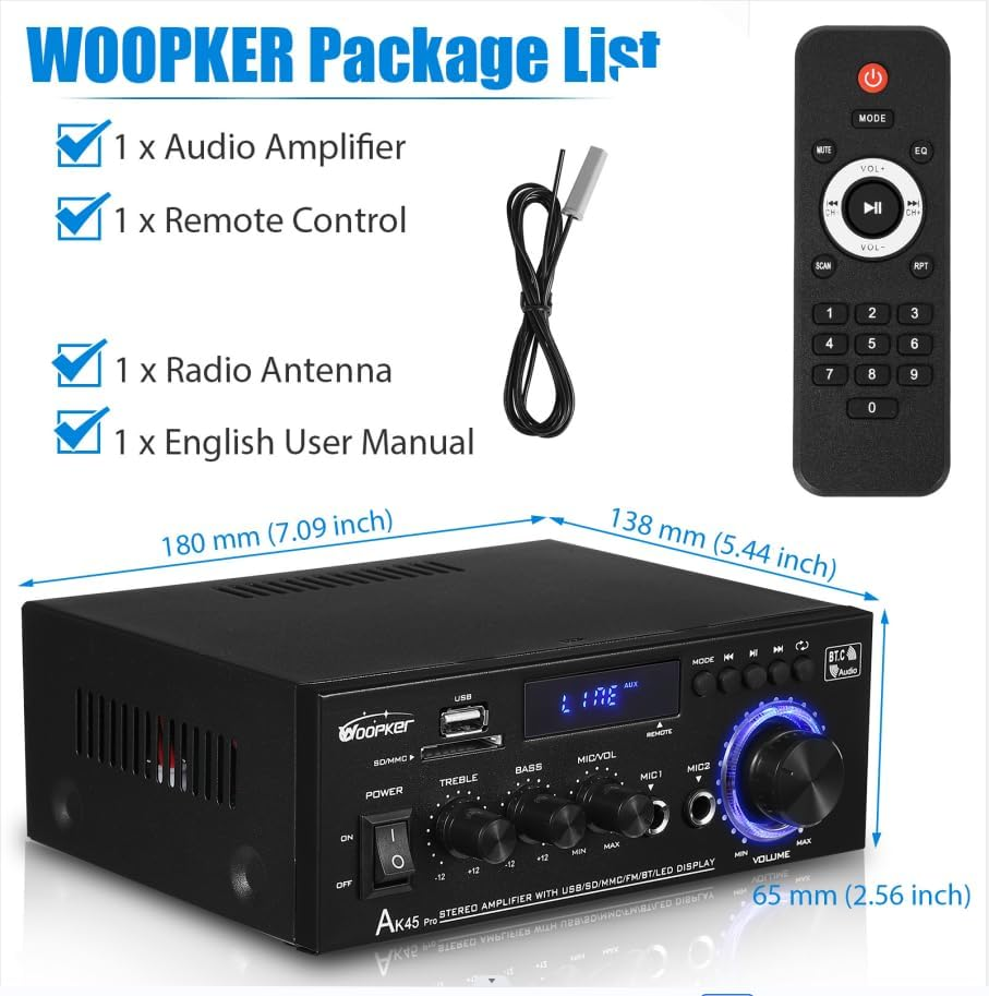 AK45 PRO Stereo Audio Amplifier, 425W Home 2 Channel Wireless Bluetooth 5.0 Power Amplifier System, Home Amplifiers FM Radio, USB, SD Card, with Remote Control Home Theater Audio Stereo System
