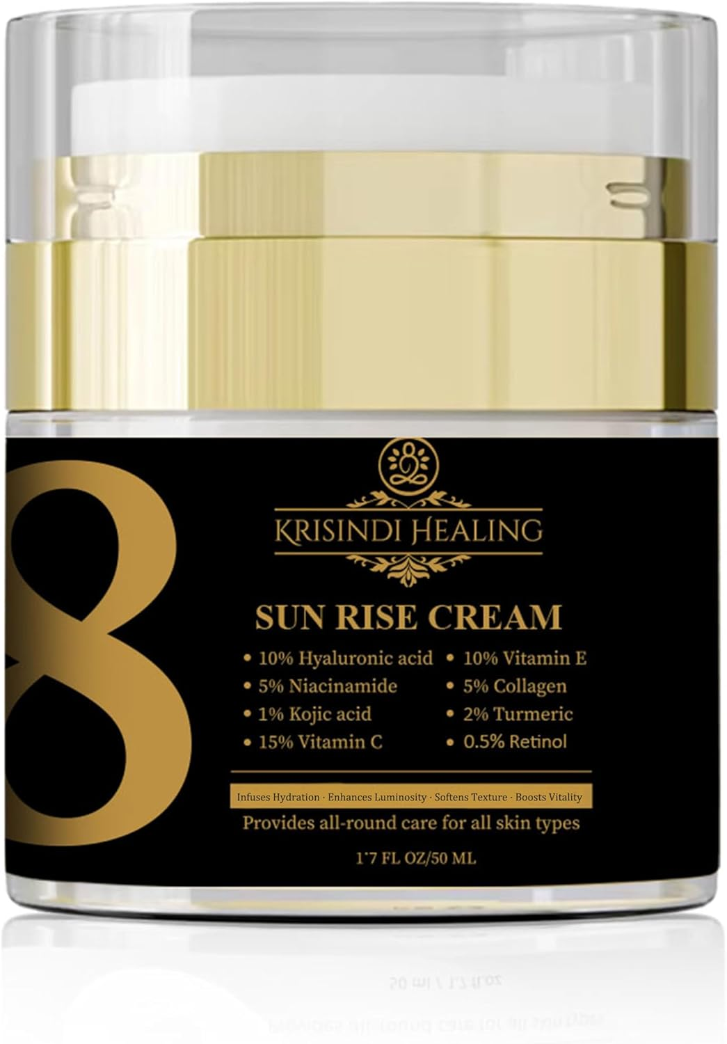Sunrise 8 Cream by Krisindi Healing &ndash; 50Ml Daily Radiance Complex Moisturiser | Vitamin C &bull; Retinol &bull; Collagen &bull; Hyaluronic Acid &bull; Kojic Acid &bull; Niacinamide &bull; Vitamin E &bull; Turmeric image number 5