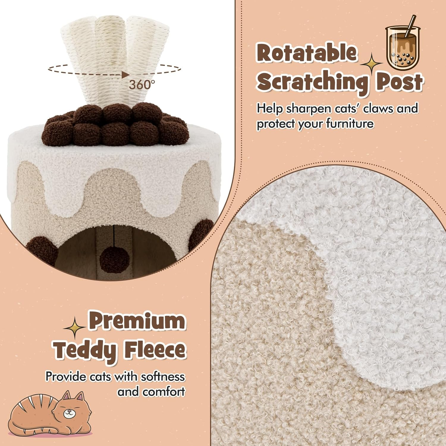 Multi-Functional Small Cat Tree Tower with Scratching Post, Dangling Ball and Cat Condo, Modern Cute Cat Tree for Indoor Cats with Soft Cushion-Purple - Purple image number 4