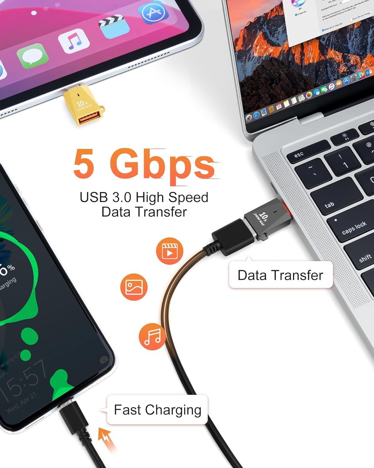 AIYEEN Upgraded Zinc Alloy USB C to USB Adapter 4 Pack, Type C Male to USB 3.0 Female Converter, OTG Adapter with Keychain, Compatible with Ipad Samsung Galaxy Google Pixel (Mixed Color) image number 1