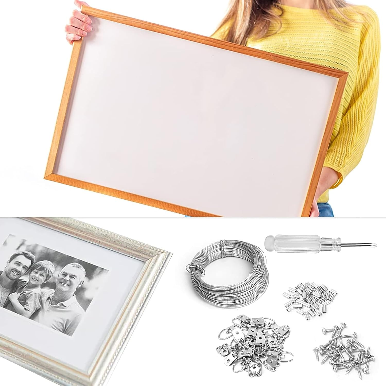 100 Feet Picture Hanging Wire Kit, Heavy Duty Wire Picture Hanging for Photo Mirror Frame Artwork, Included D Ring Picture Hangers, Screws, Aluminum Sleeves, Screwdriver, up to 30Lbs image number 5