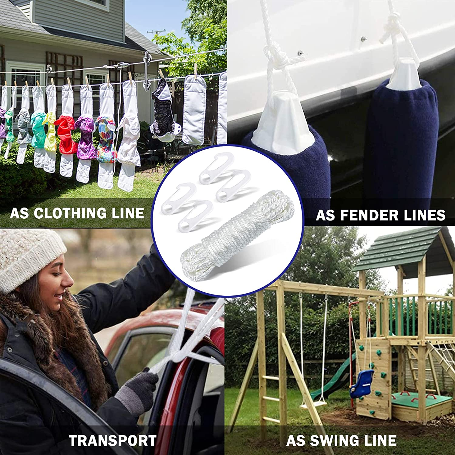 NQ 50 Feet X 1/4" Flag Pole Halyard Rope with 4 Pieces Nylon Flag Pole Hook Clips,Outdoor Flagpole Accessories-Double Braided, Compatible with Flagpoles up to 25 Feet image number 3