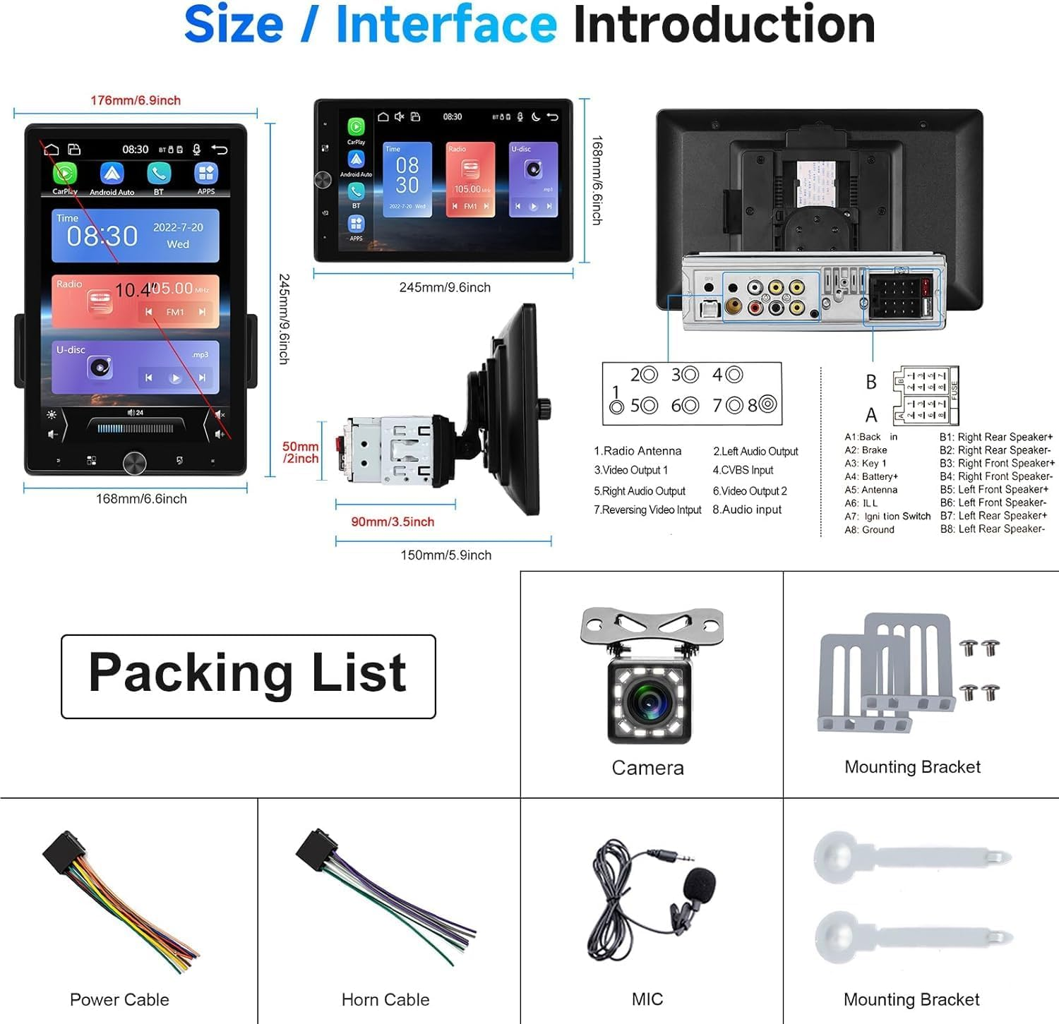 10.4 Inch Single Din Radio Car Stereo with Wireless Carplay Android Auto,Rotatable Touch Screen Head Unit with Bluetooth/16-Band EQ Audio/Mirror Link/Swc/Fm/Usb/Tf Backup Camera image number 4
