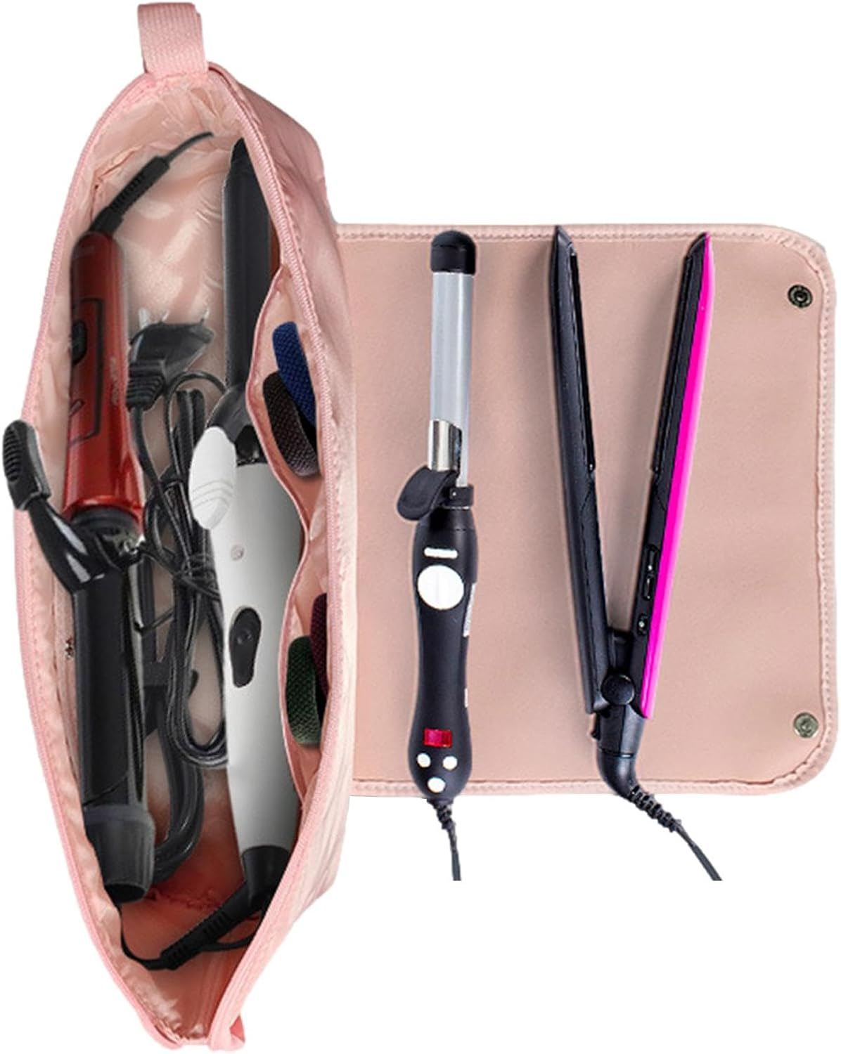 Hair Straightener Bag - Divided Zippered Waterproof Curling Iron Case - Dustproof Tool Holder for Hair Dryer, Portable Flat Iron with Strap - Black image number 7
