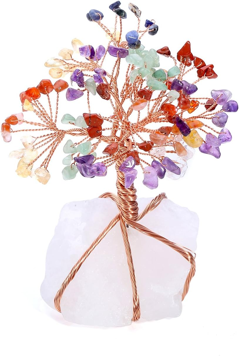 (Rose Quartz) - Top Plaza Chakra Healing Crystals Copper Money Tree Wrapped on Natural Rose Quartz Base Feng Shui Luck Figurine