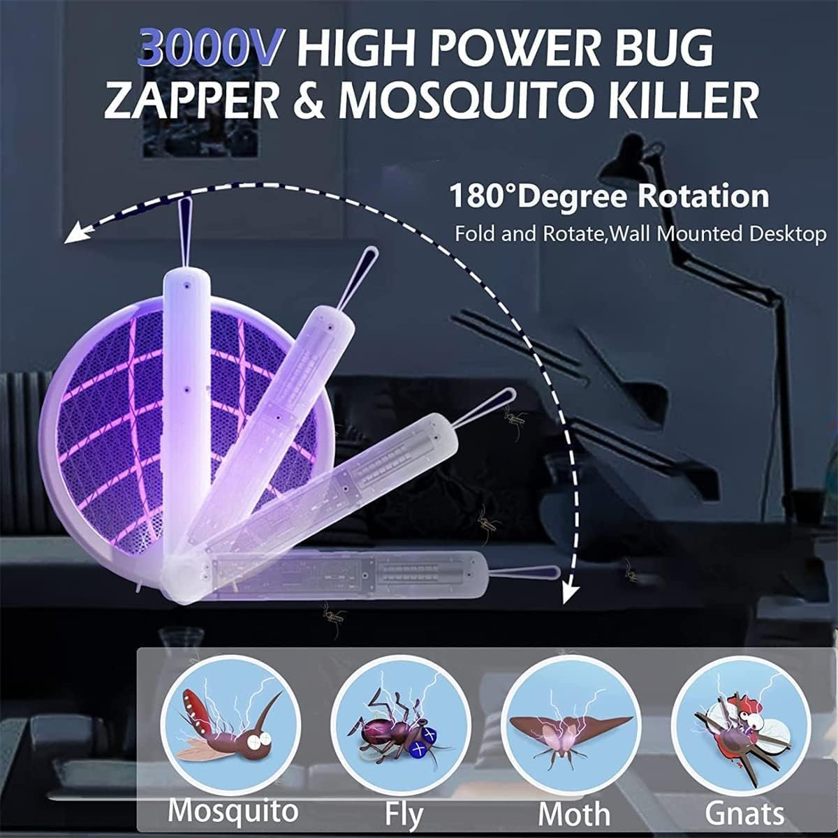 Electric Fly Swatter Racket, 2 in 1 Foldable Bug Zapper Racket and Mosquito Zapper Racket, USB Rechargeable Electric Fly Swatter Lamp & Racket image number 5