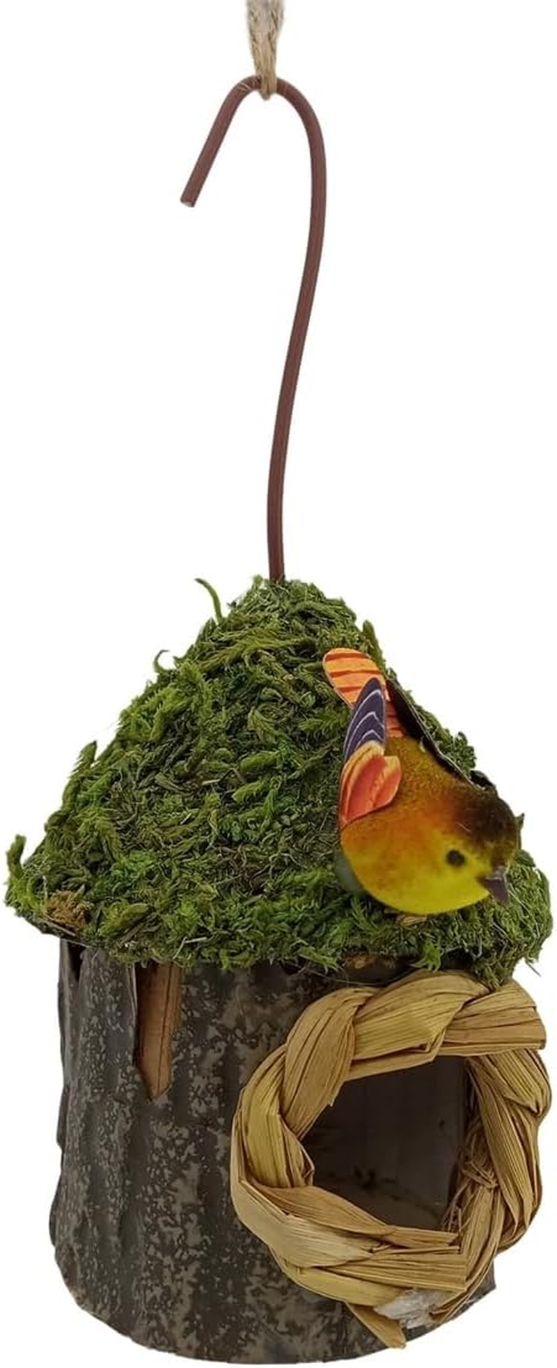 AIMALL Outdoor Hanging Wooden Birdhouse &ndash; Small Nesting Box for Hummingbirds & Finches, Moss Roof Garden Decor with Hook for Balcony, Tree, Courtyard 6.3X2.76X3.35In