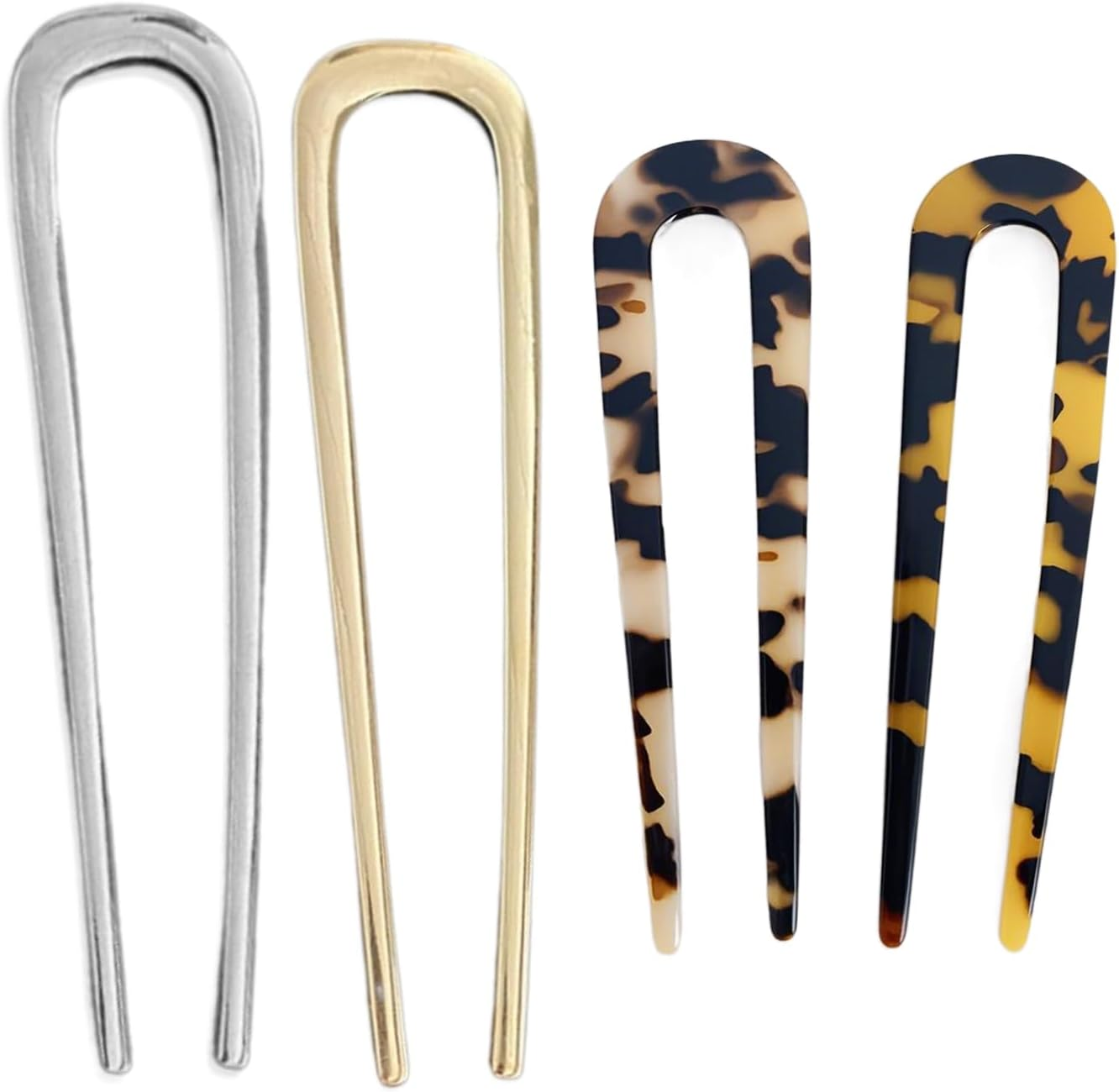 Pack of 4 U-Shaped Hair Pins, French Hair Pins, French Hair Clip, Metal Clip, Delicate Hair Accessories, Hairstyle Accessories, Bun Pins for Hair, Gold and Silver Hair Clips for Women and Girls image number 1