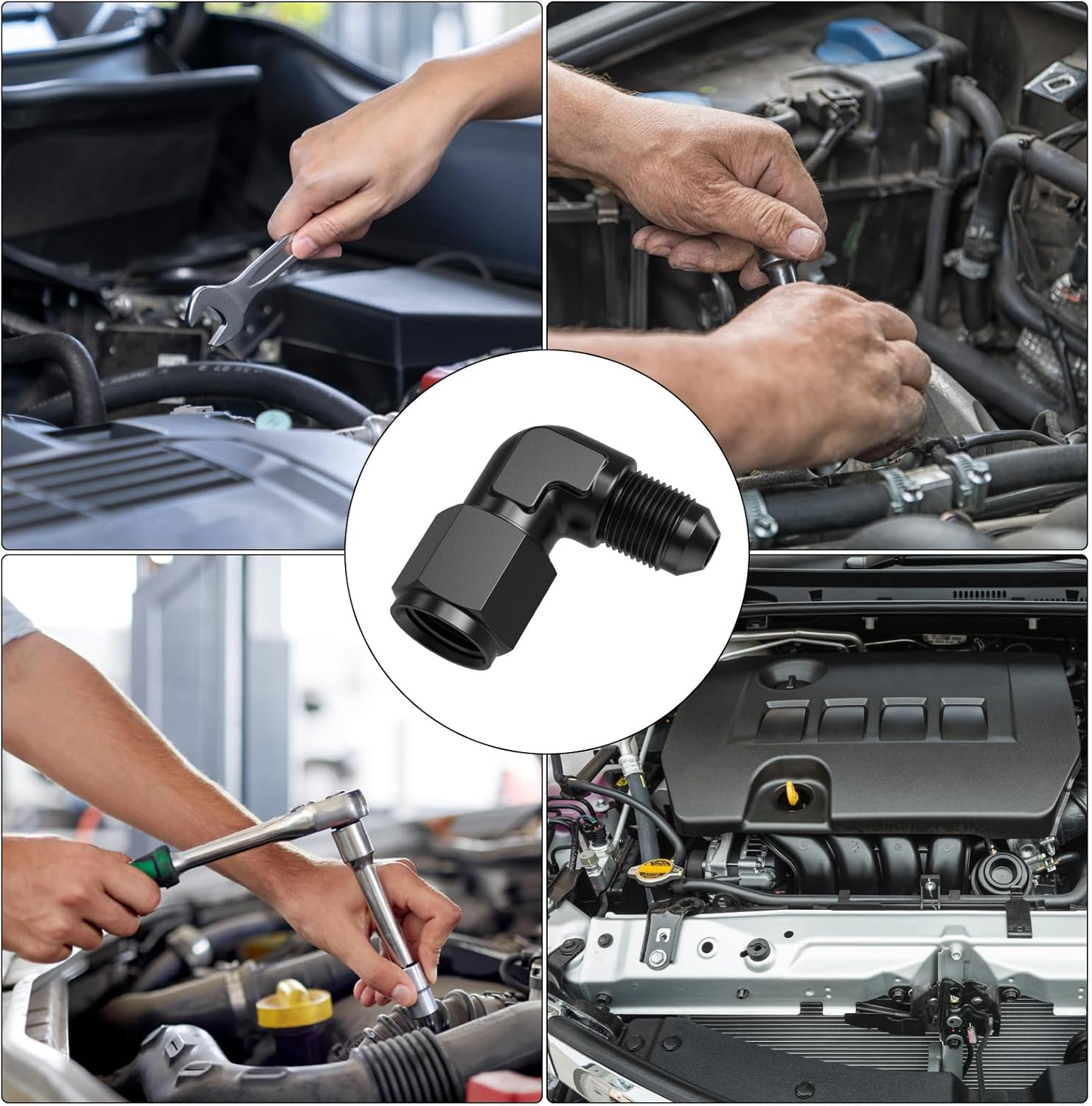 90 Degree 4AN Female to 4AN Male Swivel Flare Union Fitting Adapter, Black Hard Aluminum Hex Anodized Connector, Automotive Accessories Suitable for Vehicle Fuel Oil Line Modification image number 4