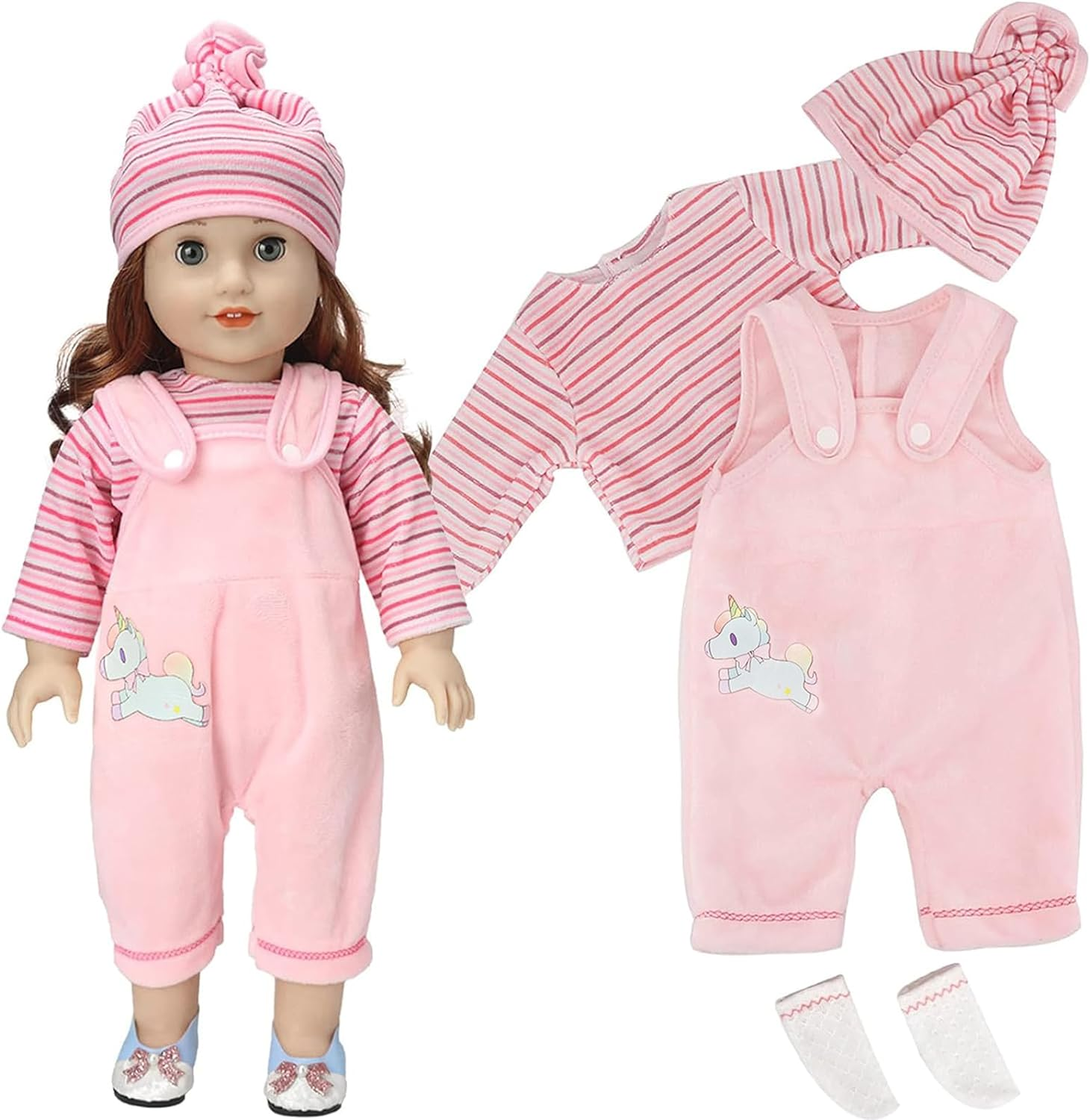 Doll Clothes for 18 Inch Baby Dolls, Sweet Outfits Jumpsuit Top Hat and Socks for 35-45 Cm New Born Baby Dolls Girls Birthday (Pink)(No Doll) image number 2