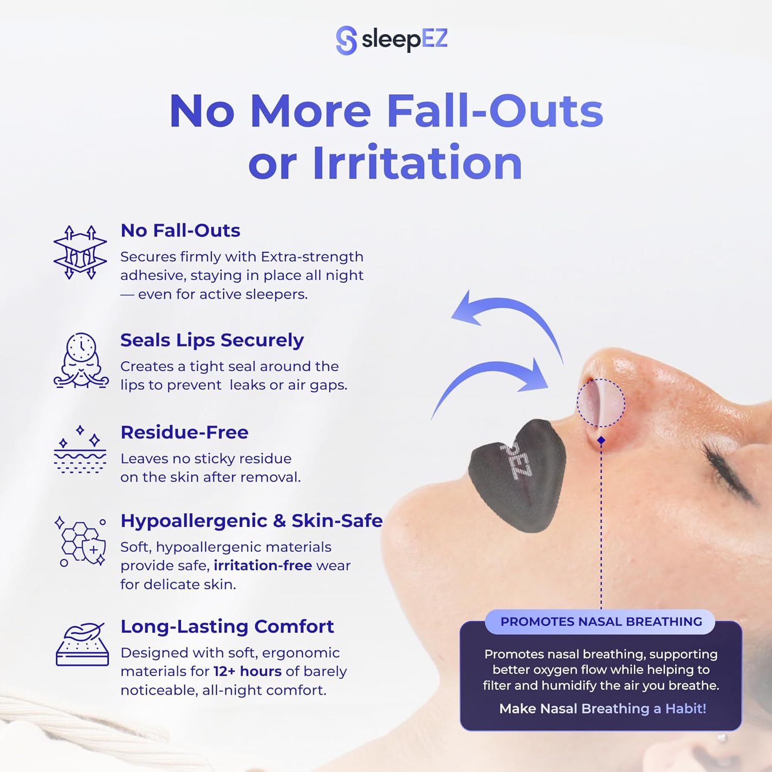 Sleepez Breathe Mouth Tape for Sleeping - 30-Pack | 100% Hypoallergenic Lip-Shaped Sleep Tape for Nasal Breathing & Snoring Relief | Extra-Strength Adhesive & Pain-Free Removal | Supports Oral Health, REM Sleep & Anti-Snore | Black | 1-Month Supply image number 2