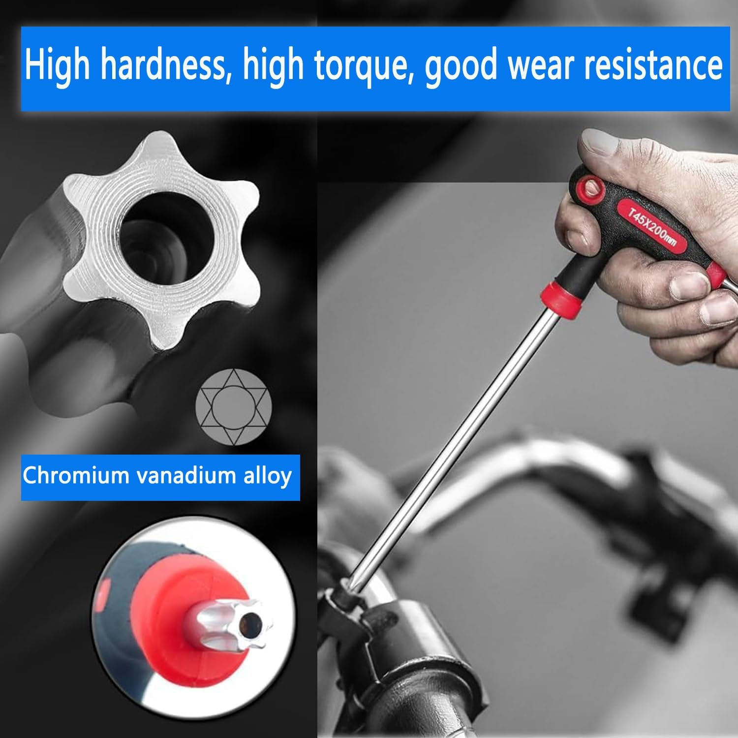 Kewayo9Pcs T-Handle Torx Set, Chrome Vanadium Steel Star Keys (T10-T50), Long/Short Arm Design for Bicycle & Workshop image number 5