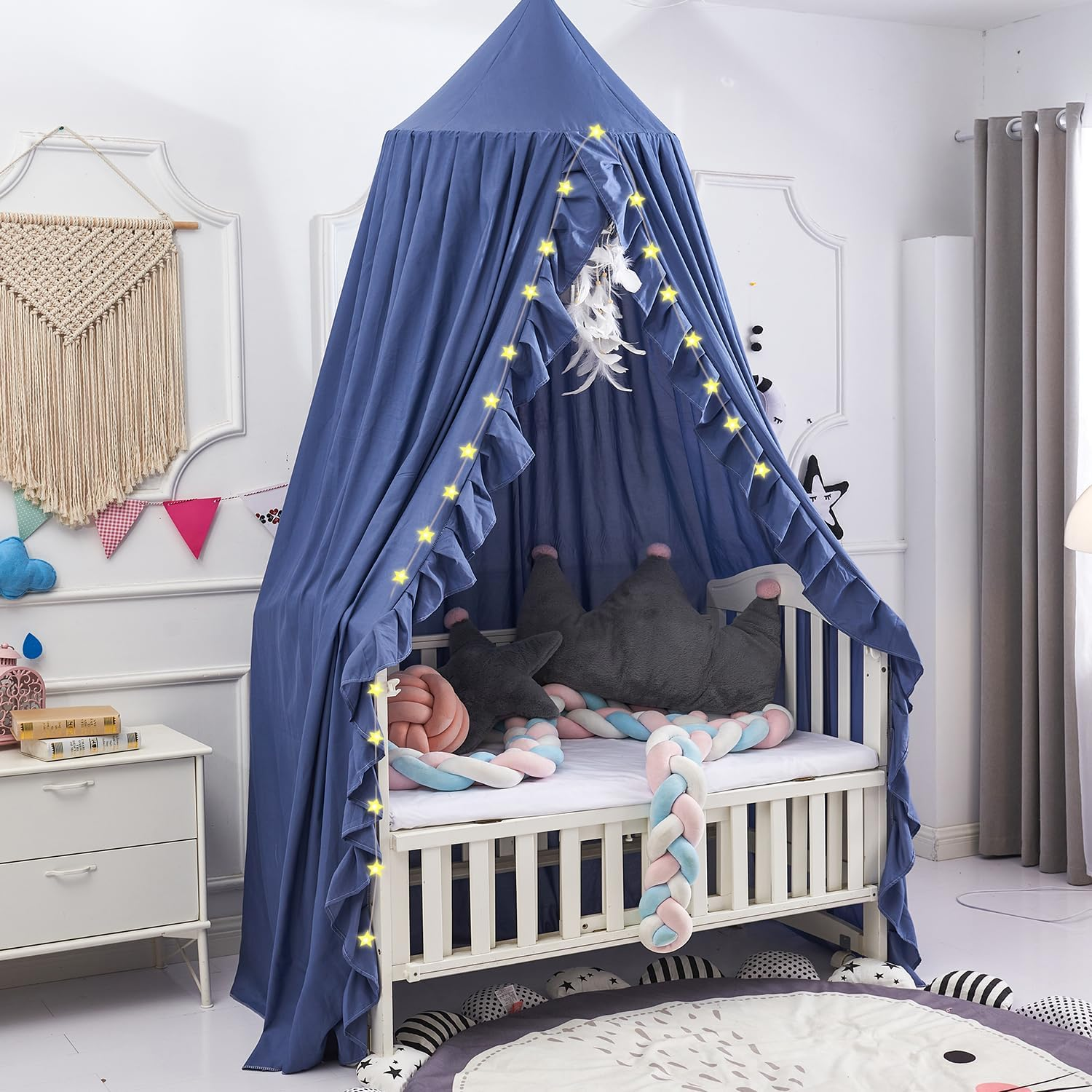 Bed Canopy for Girls Kids, Ruffled Soft Princess Canopy with String Light Mosquito Net with round Dome Hanging House Decoration Bed Canopies for Nursery Room Baby Crib Child (Royal Blue)