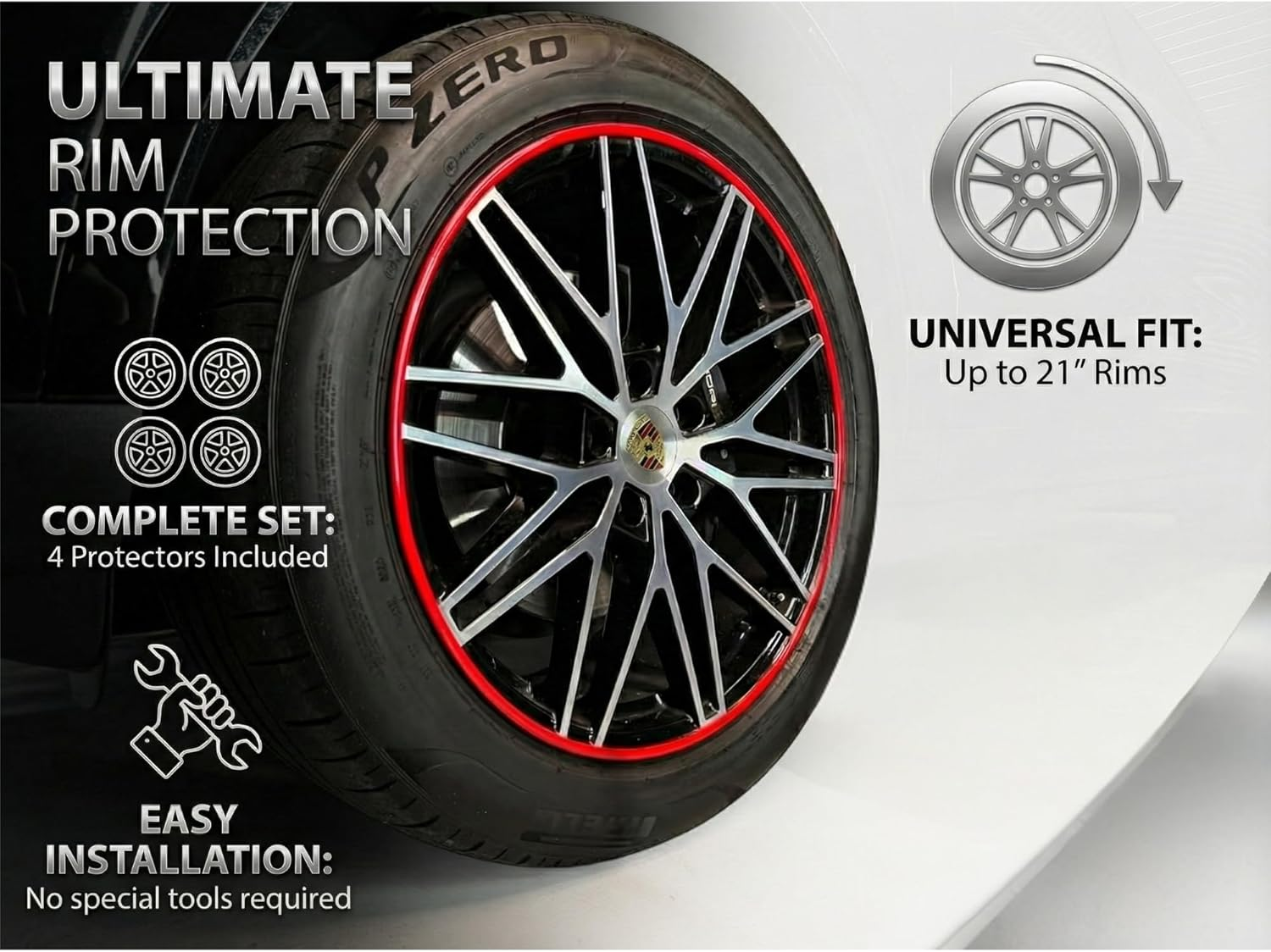 Rim Protector Kit - RED - Alloy Wheel Rim Guard - Set of 4 Rim Protectors Easy to Install image number 3
