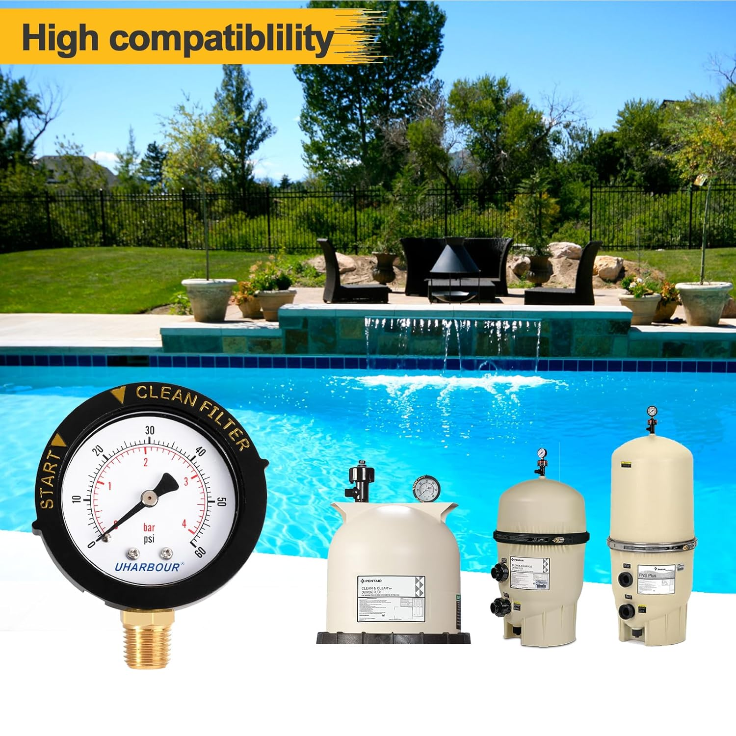 Pool Filter Pressure Gauge 60Psi - 2" Dial with Bezel, 1/4" Center Bottom Mount, 1/8" Adapter - Pump Replacement image number 6