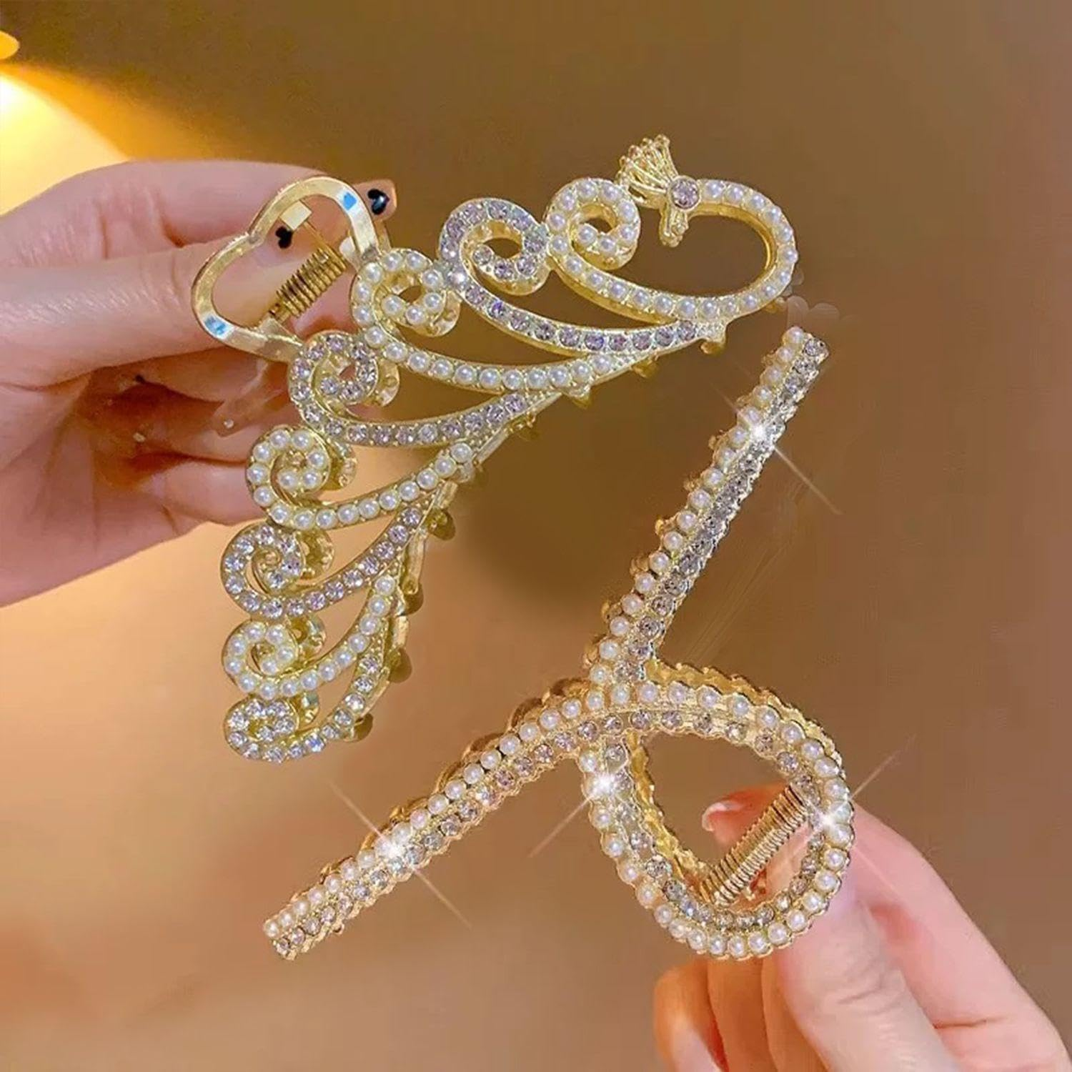 2 Pieces Diamond Studded Pearl Handles, Exquisite Glitter Handles, Non-Slip Women Headwear, Styling Fixing Tools image number 1