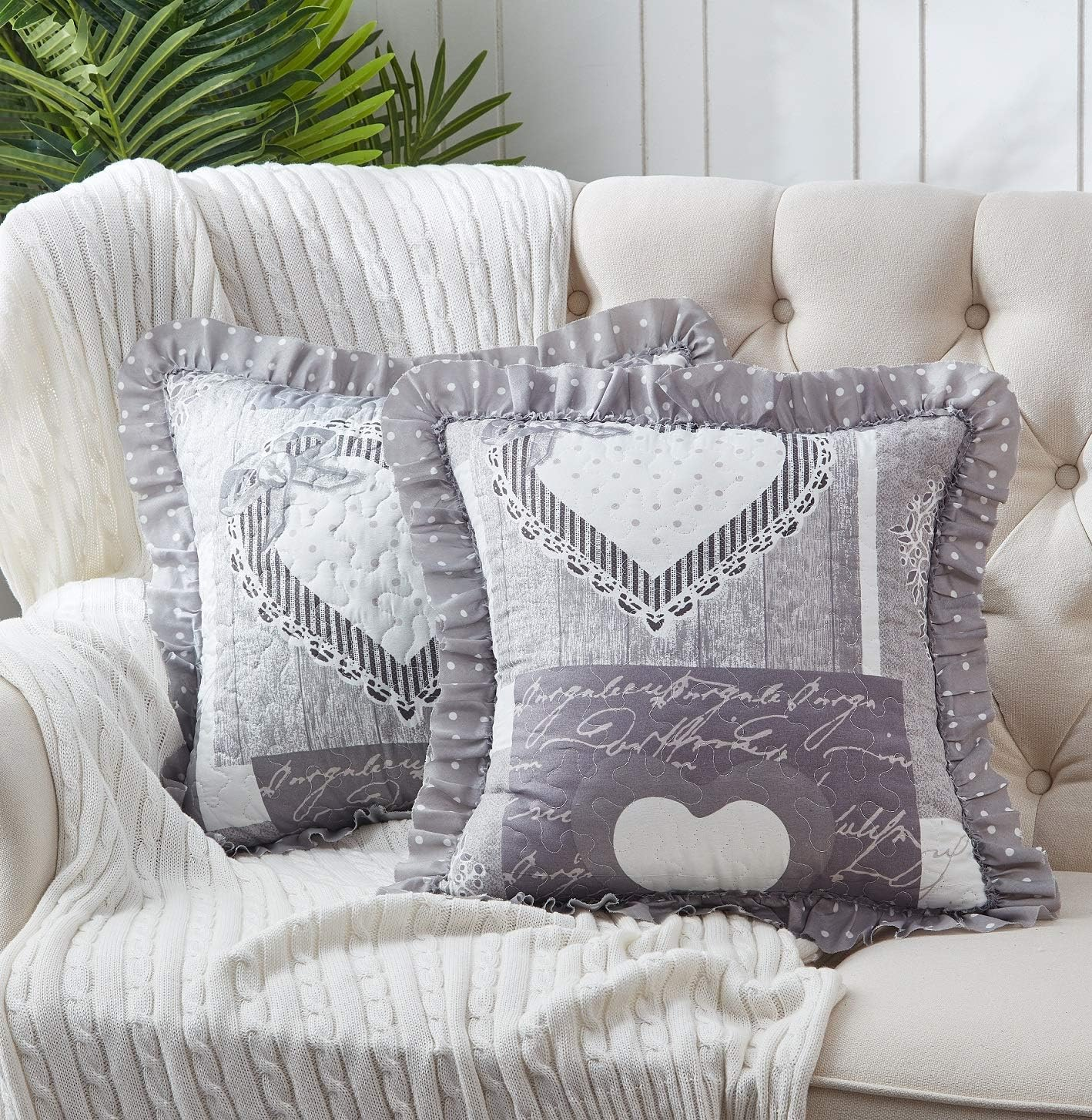 Brilliant Sunshine Latte Grey Paris and Toile Floral Patchwork Ruffle Pillowshams, Quilted Decorative Pillow Covers Set, Square Throw Cushion Cases for Couch, Chair, Bed, 18X18,Pack of 2, Latte Grey