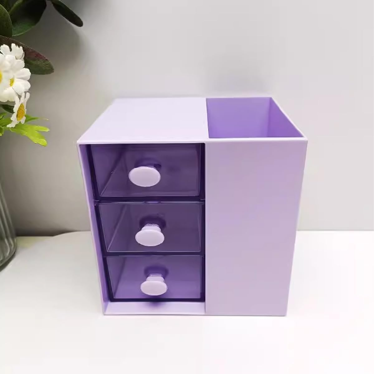 AIMALL 3-Drawer Pen Organizer, Multi-Purpose Purple Storage Box, Plastic Cosmetic & Office Supplies Holder, Versatile Desk Organization for Home, Office, Classroom &ndash; 4.64In X 3.93In