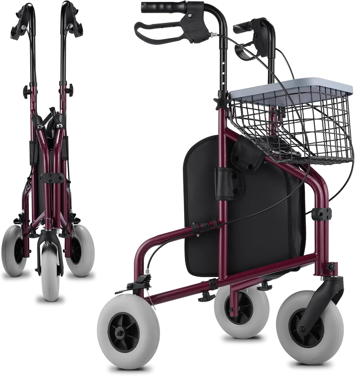 Altus Rolling Walker Mobility Aid Rollator with Bag Wire Basket and Tray Burgundy Red (3 Wheels Red) image number 3
