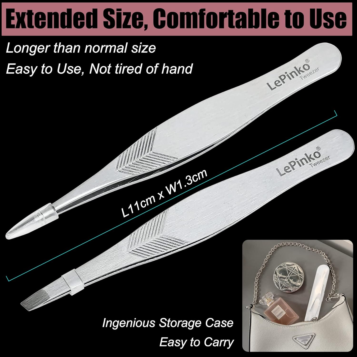 Lepinko 2PCS Tweezers Set for Women and Men, Precision Tweezer Kit for Ingrown Hair, Facial Hairs, Chin Hair, and Splinter Removal, Professional Eyebrow Plucker Tweezers, Silver image number 6