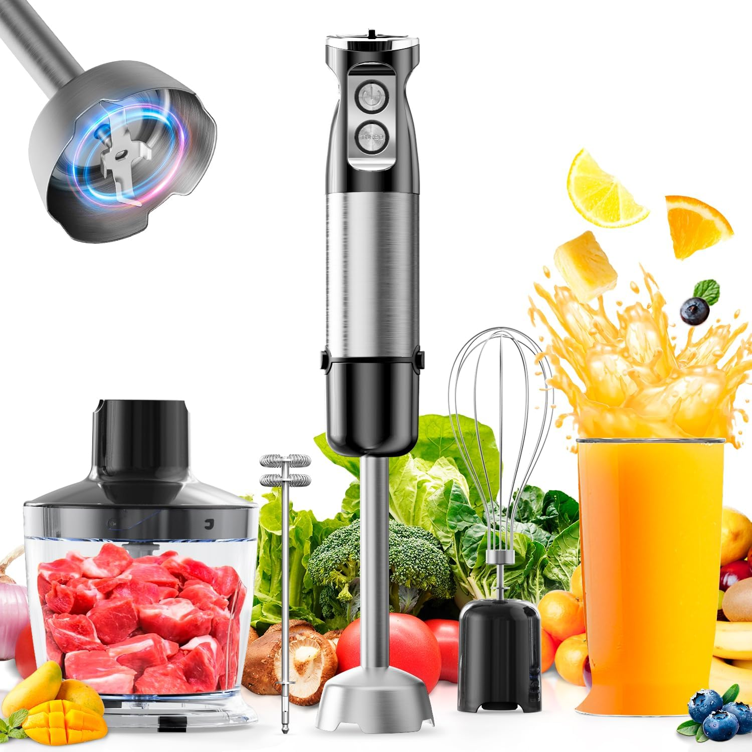 Hand Stick Blender - 1200W Immersion Handheld Blender Set, 5In1 Electric Blender Heavy Duty Motor with 6 Speed Handheld Mixer with 600Ml Mixing Beaker, 500Ml Chopper, Whisk and Milk Frother, Bpa-Free image number 6