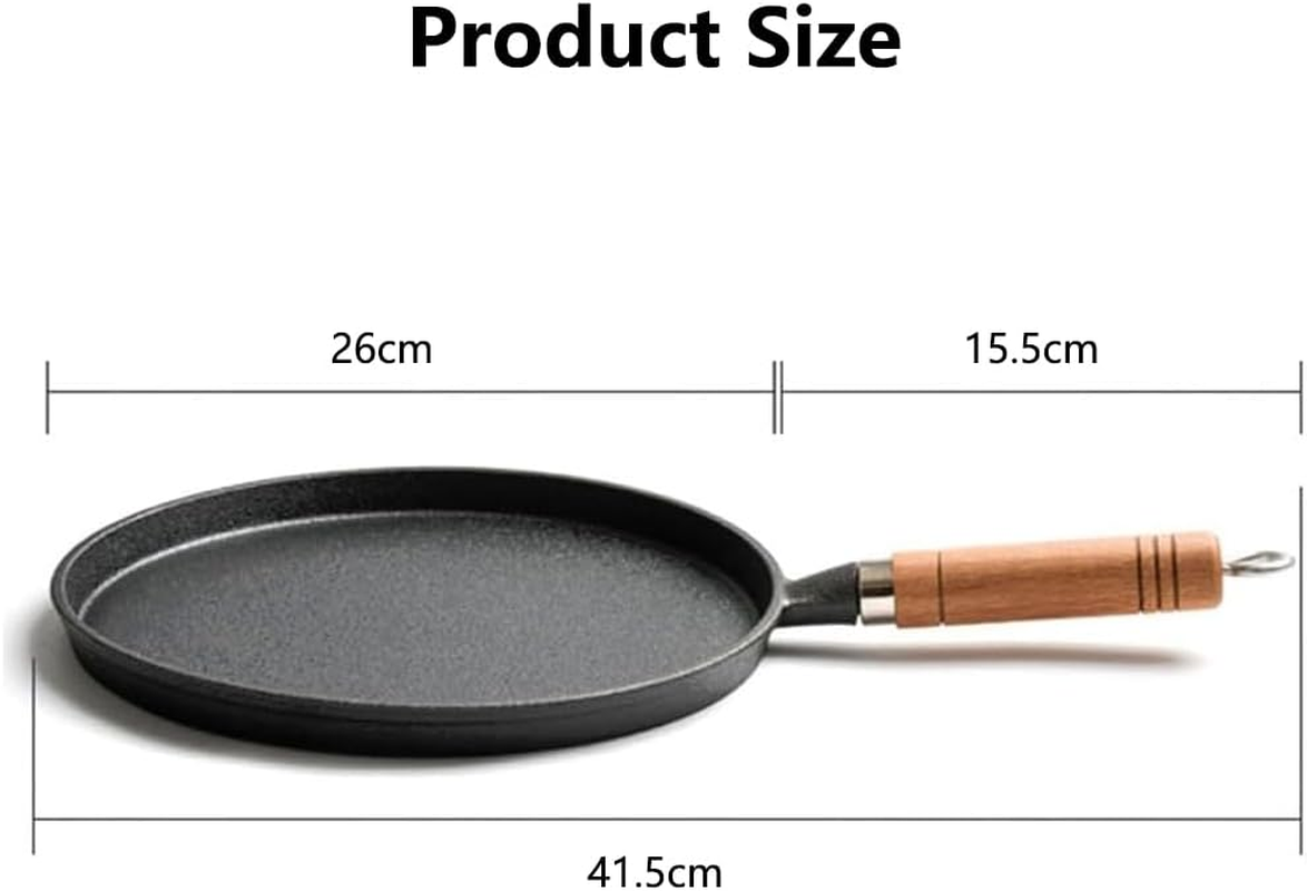 Cast Iron Skillet Pancake Pan round Griddle Thick Nonstick Egg Frying Pan Tortilla Crepe Pans Anti-Scalding Wooden Handle Uncoated 26Cm image number 4