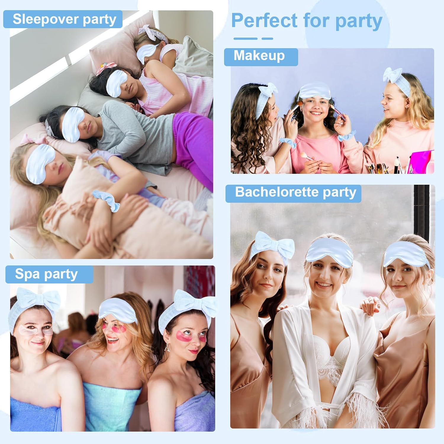 WHAVEL 18 Pcs Sleepover Party Supplies for Girls - Sleepover Party Favors Include 6 Spa Headband, 6 Silk Eye Mask and 6 Velvet Scrunchies for Spa Birthday, Bachelorette, Slumber (Blue) - Blue image number 3