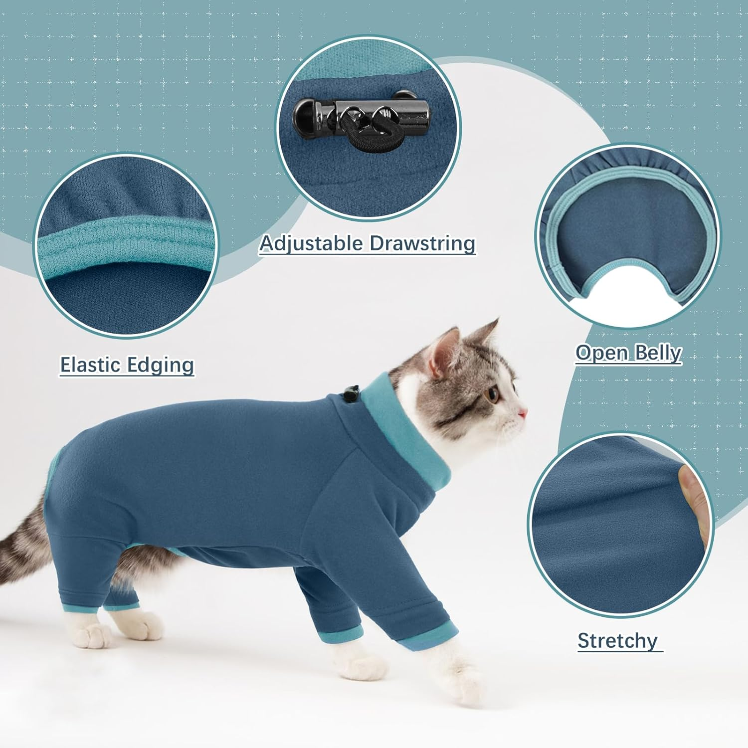 Cat Clothing, Cat Bodysuit after Surgery Post-Operative Clothing for Cats, Body Operation Recovery, Anti-Leaking, Long Sleeve, 4 Legs, Onesie, Cat Clothing, Shirts, 4-Legged (Blue-Grey, L) image number 2