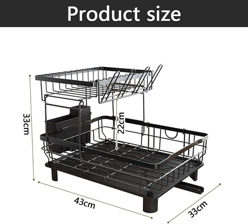 2-Tier Stainless Steel Dish Drying Rack for Kitchen Counter -Detachable Large Dish Drainer Set, Utensil & Cutlery Holder for Kitchen Storage & Organisation (Black) image number 3