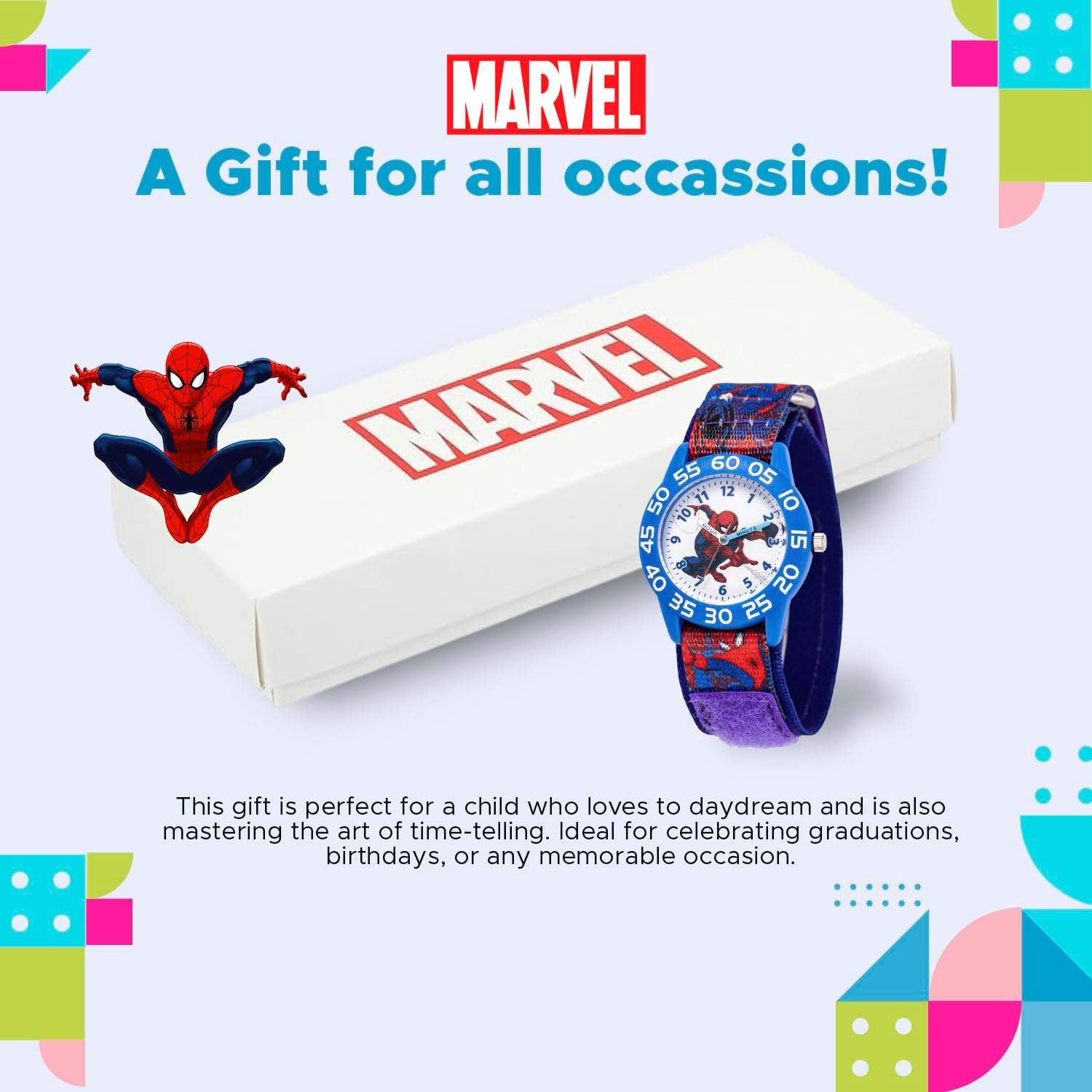 MARVEL Spider-Man Kids' Plastic Time Teacher Analog Quartz Nylon Strap Watch, Blue/Multi, Analog Spider-Man Watch image number 2