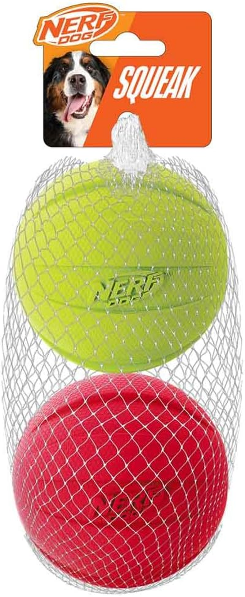 Nerf Dog Classic Ball Dog Toy with Interactive Squeaker, Lightweight, Durable and Water Resistant, 3.8 Inches, for Medium/Large Breeds, Two Pack, Green and Red